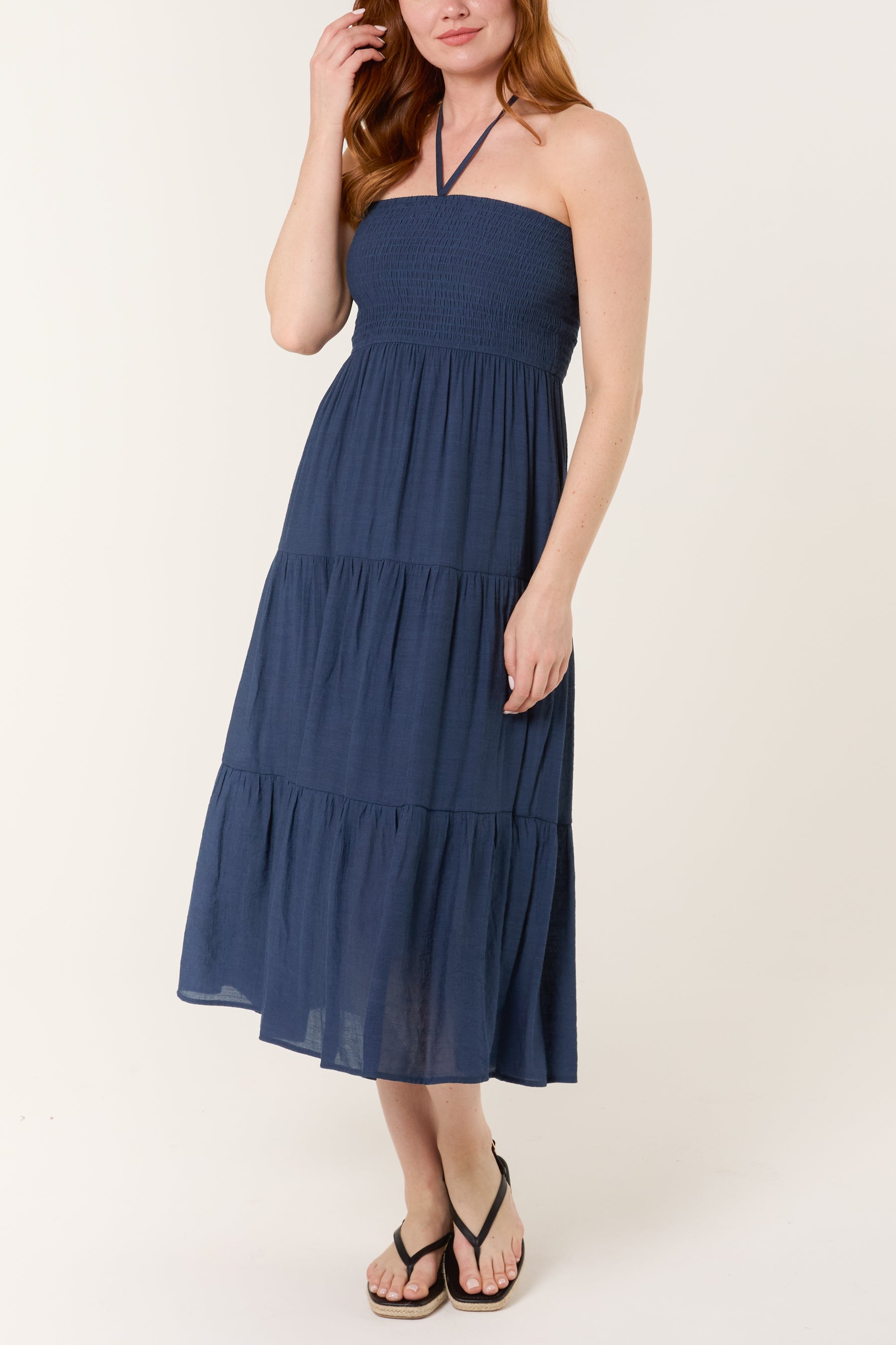Shirred Bandeau Tiered Midi Dress