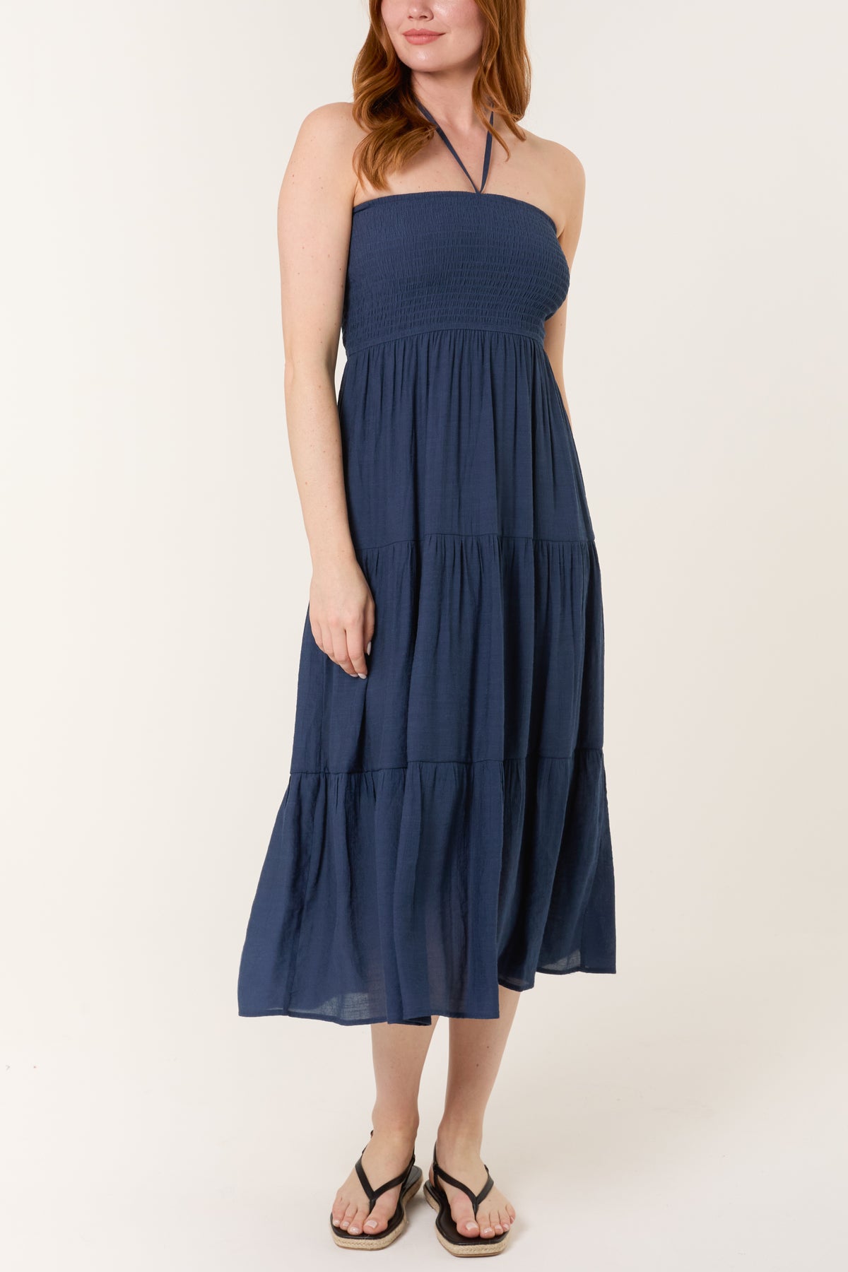 Shirred Bandeau Tiered Midi Dress