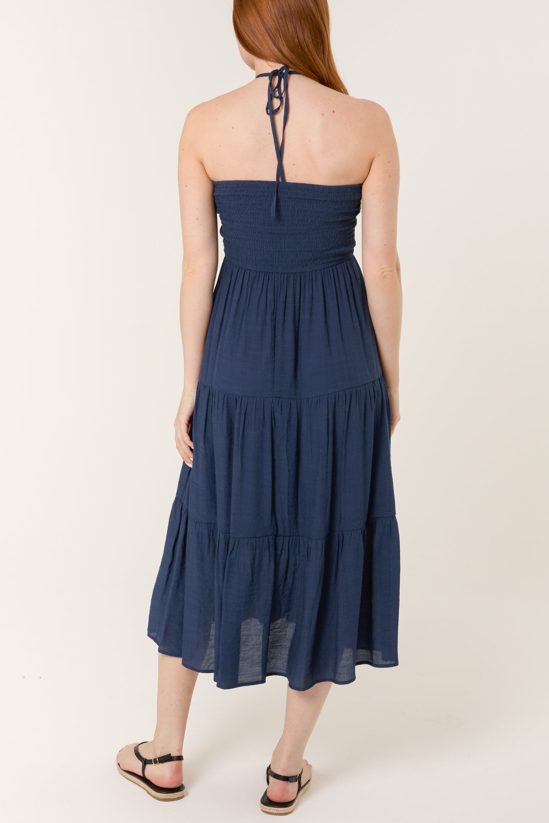 Shirred Bandeau Tiered Midi Dress
