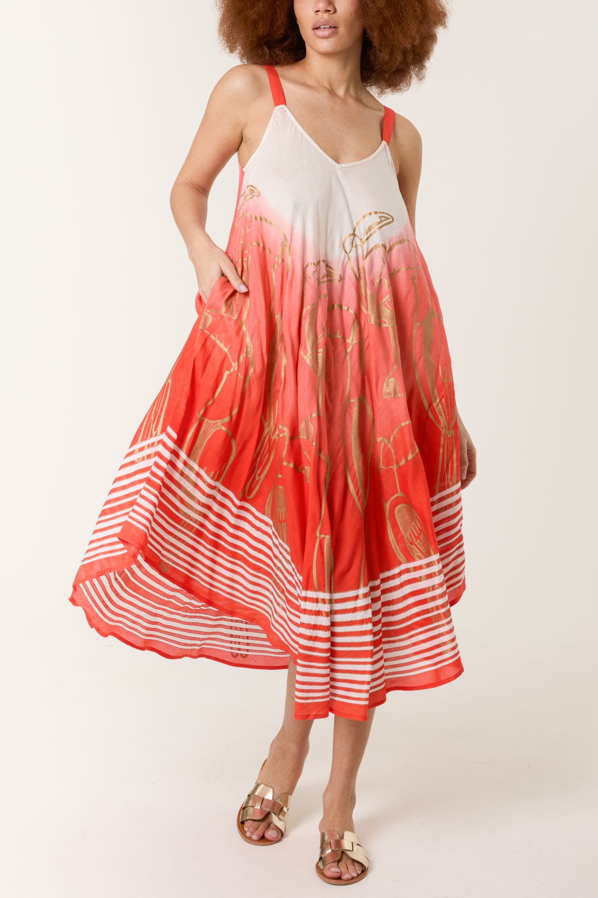 Gold Foil Toucan Design Strappy Dress