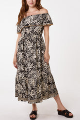 Gold Beaded Bardot Midi Dress