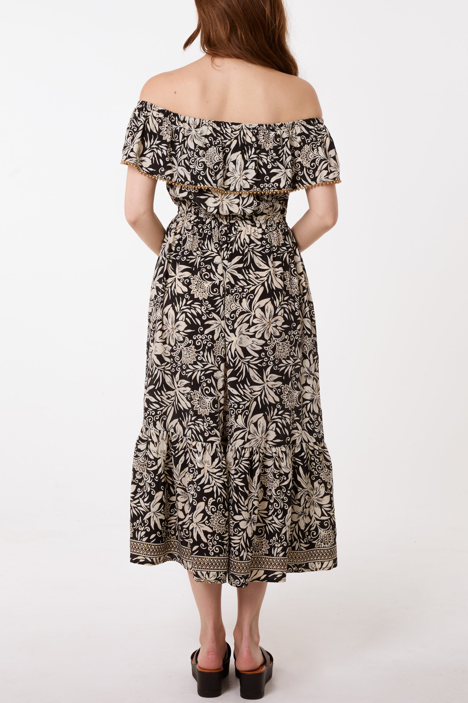 Gold Beaded Bardot Midi Dress