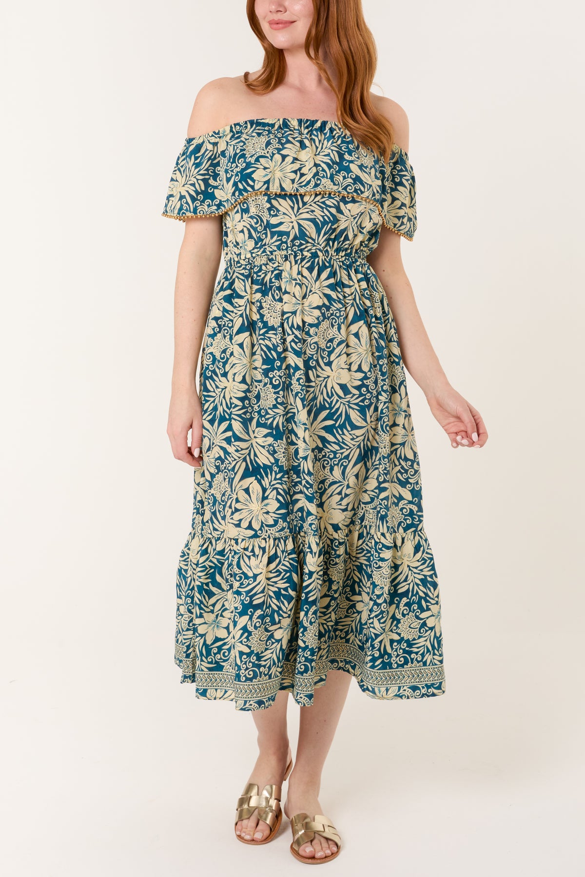 Gold Beaded Bardot Midi Dress