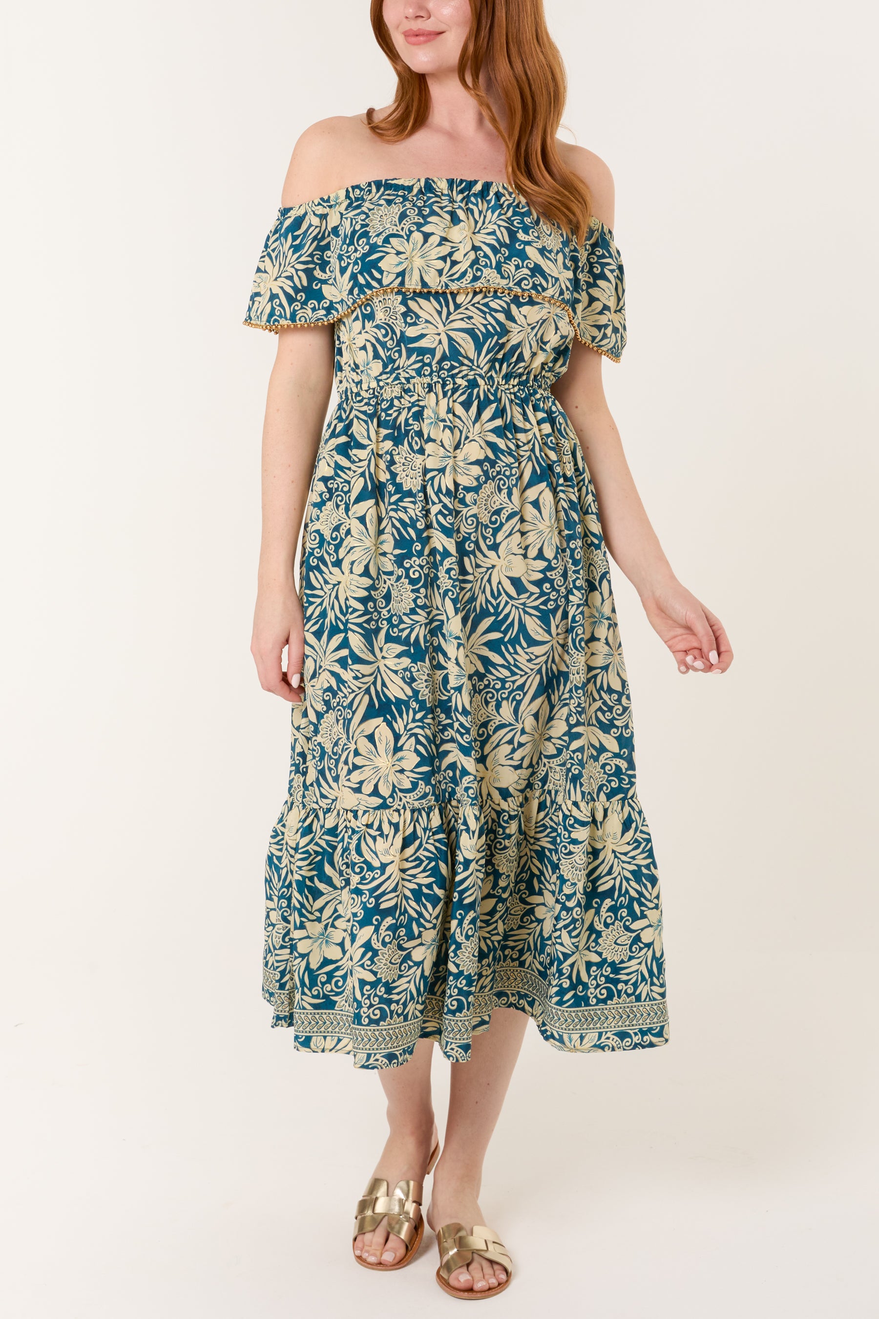 Gold Beaded Bardot Midi Dress