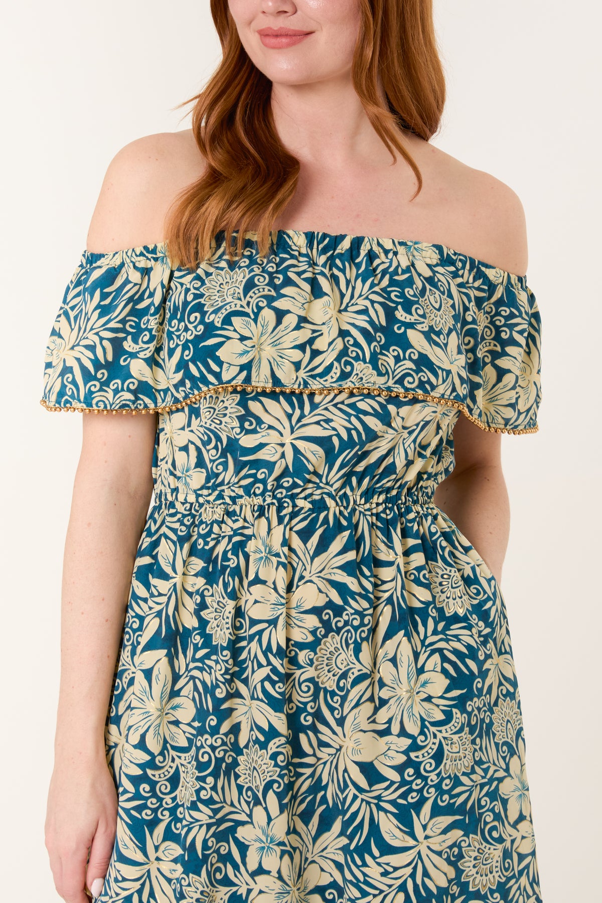 Gold Beaded Bardot Midi Dress