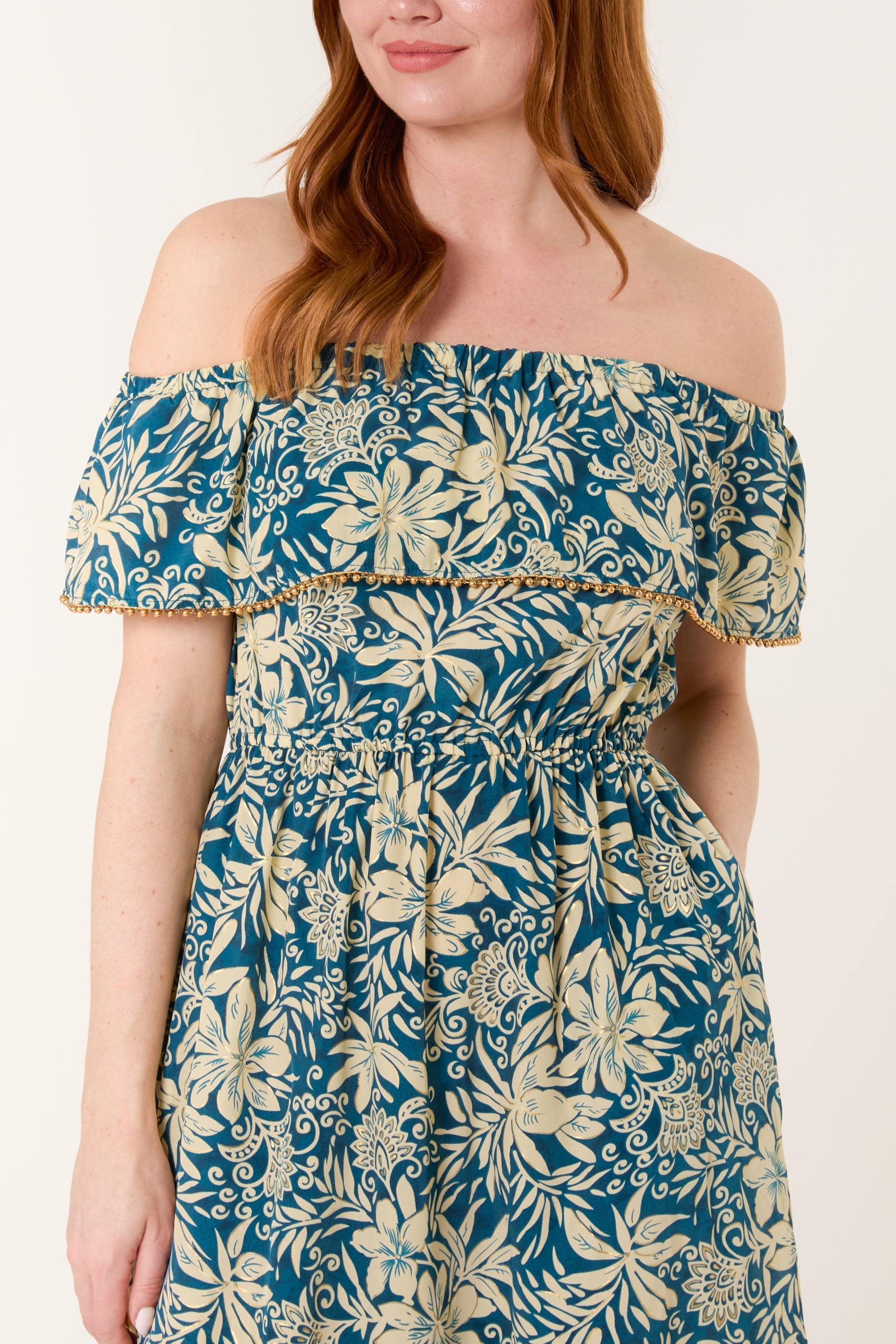 Gold Beaded Bardot Midi Dress