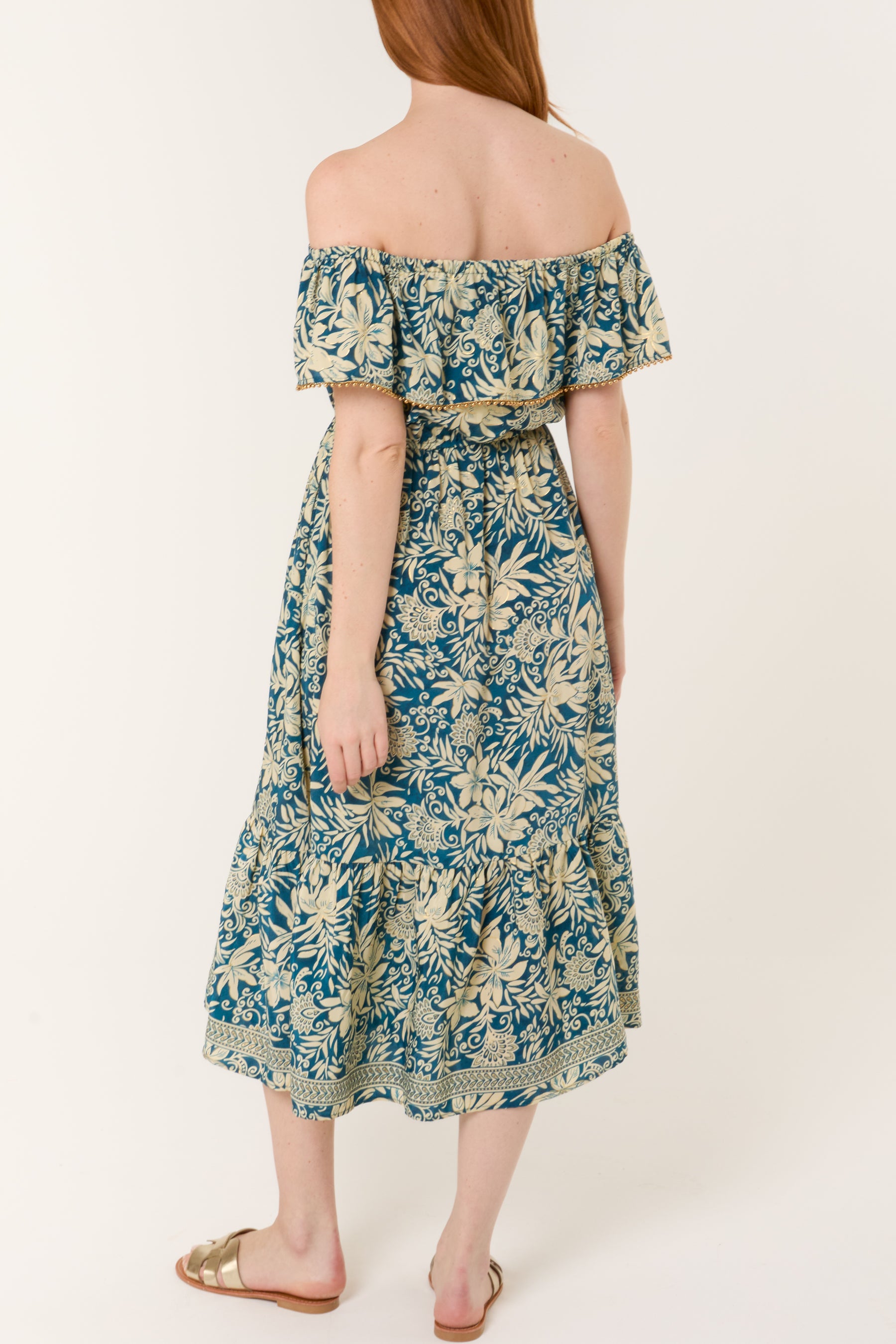 Gold Beaded Bardot Midi Dress