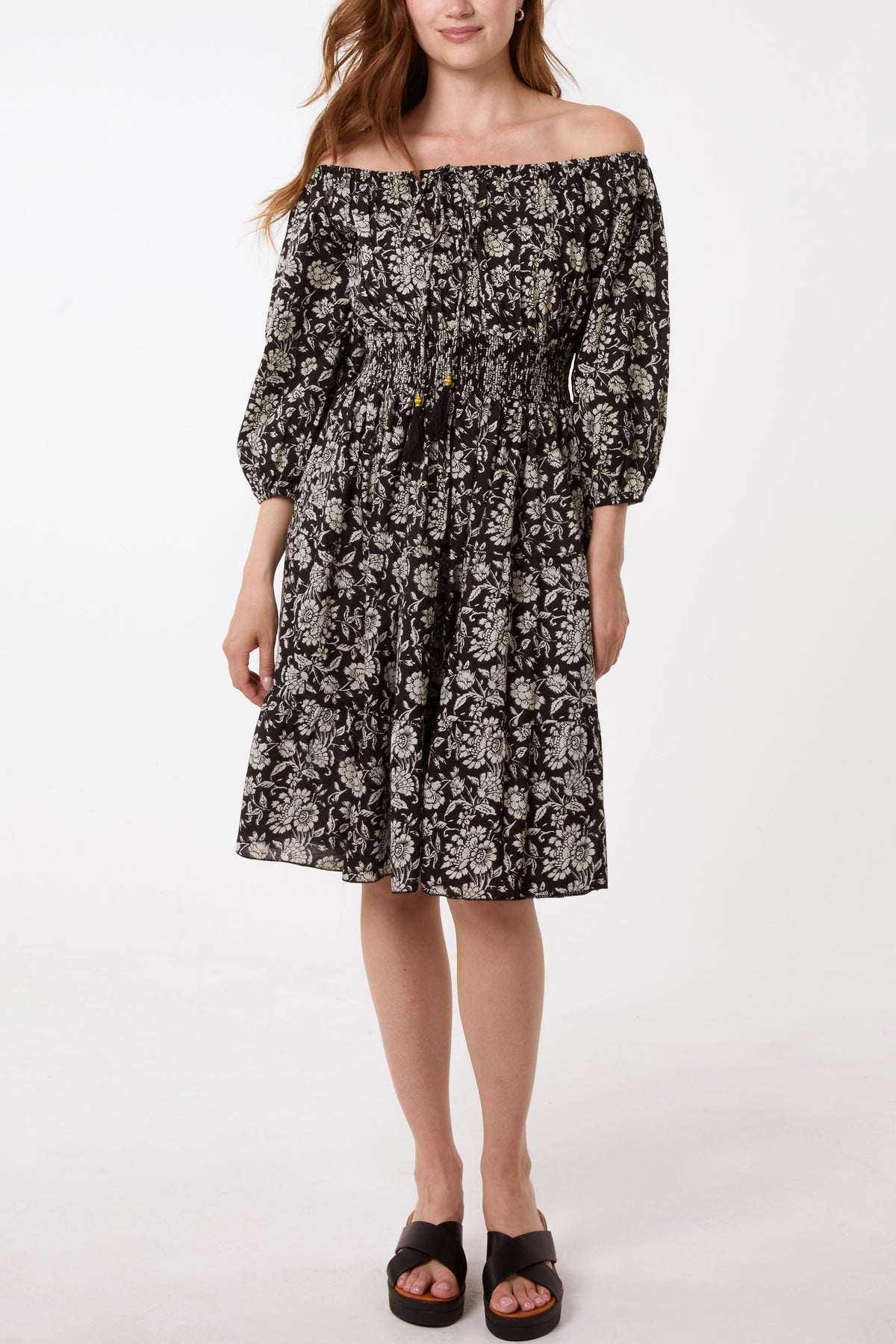 Vintage Floral Bardot Tassel Dress