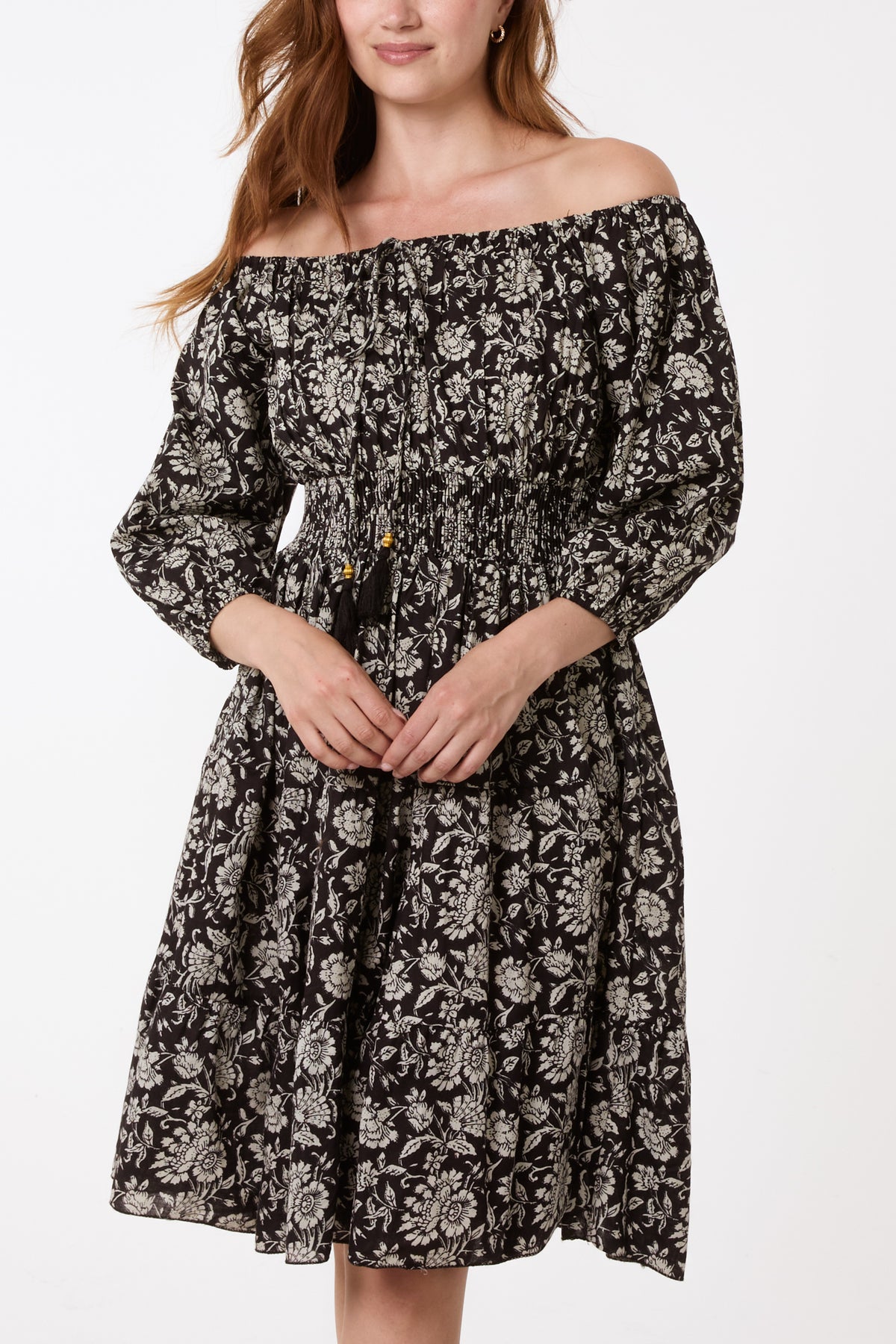 Vintage Floral Bardot Tassel Dress