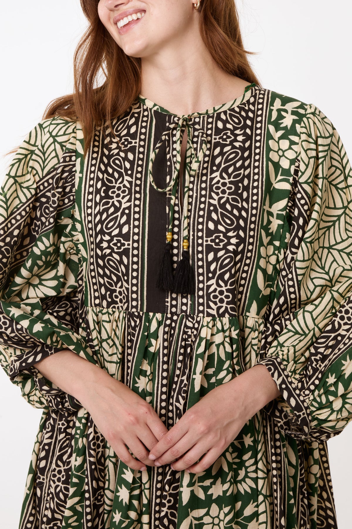 Mixed Boho Print Tassel Smock Dress