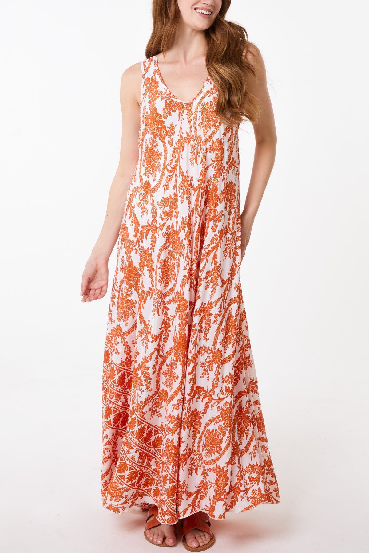 Floral Leaf V-Neck Art Silk Trapeze Dress