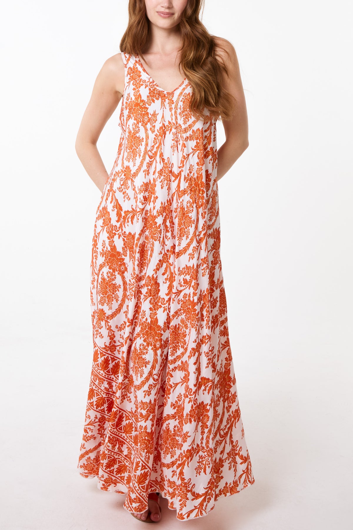 Floral Leaf V-Neck Art Silk Trapeze Dress