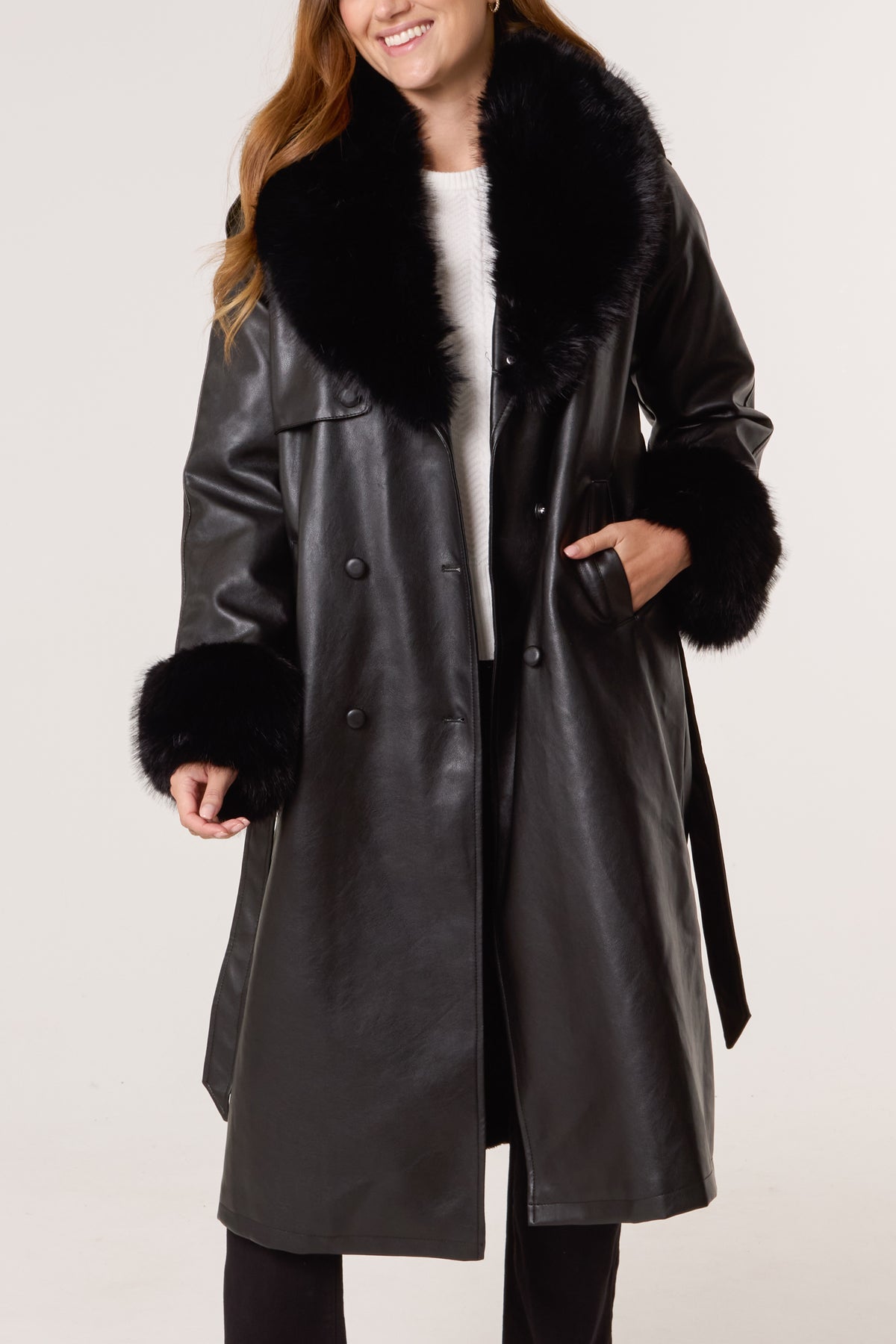 Faux Fur Cuff & Collar Pu Coat