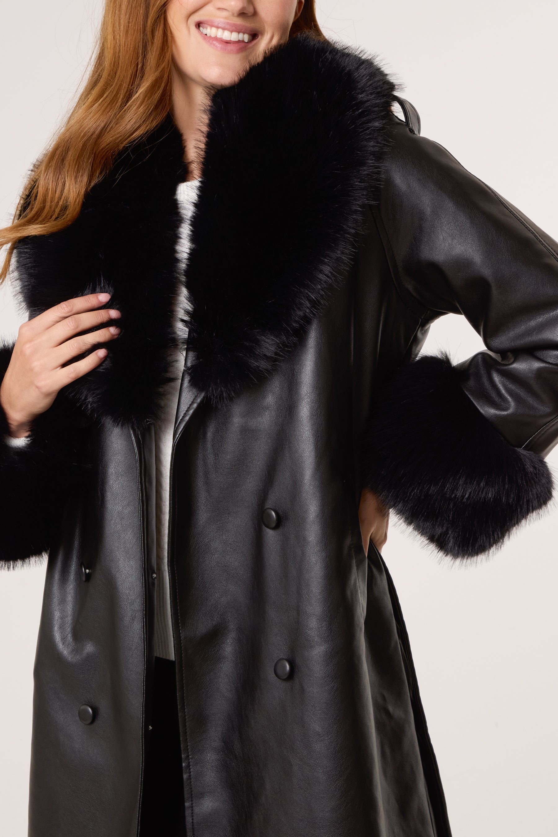 Faux Fur Cuff & Collar PU Coat