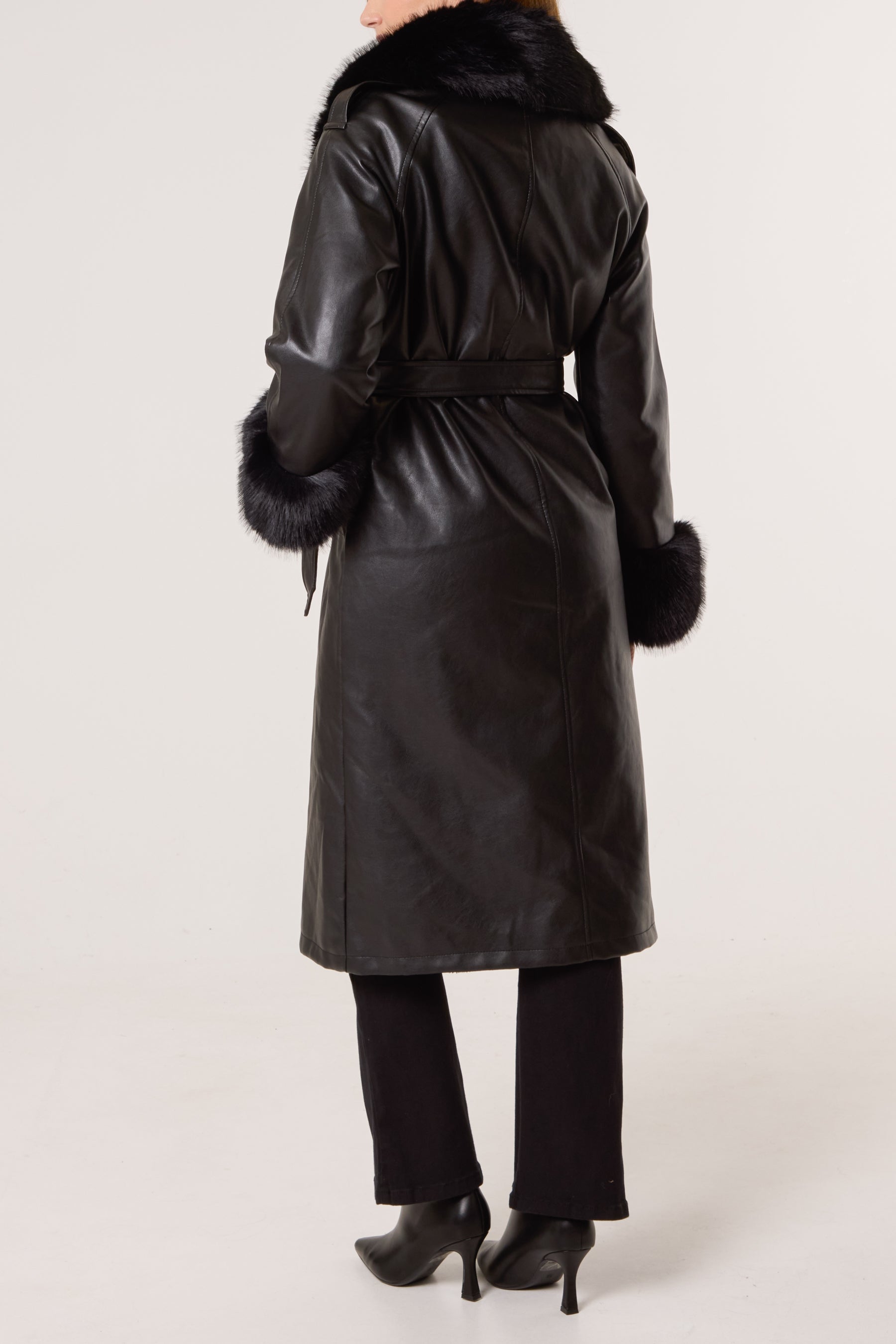 Faux Fur Cuff & Collar Pu Coat