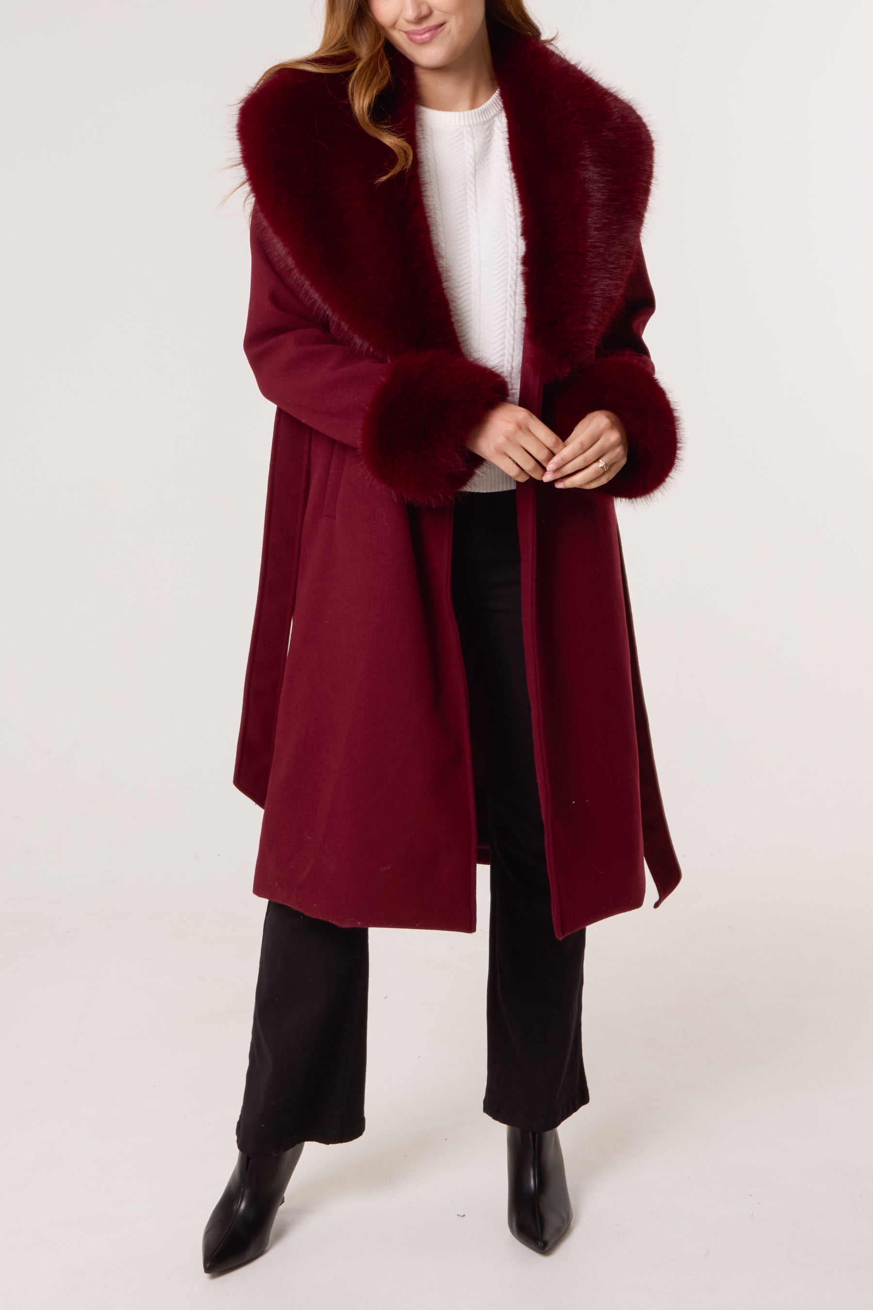 Faux Fur Collar Belted Coat
