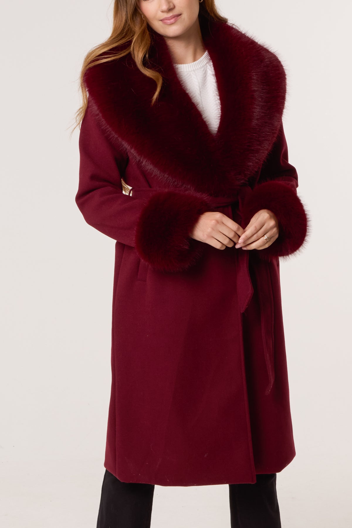Faux Fur Collar Belted Coat