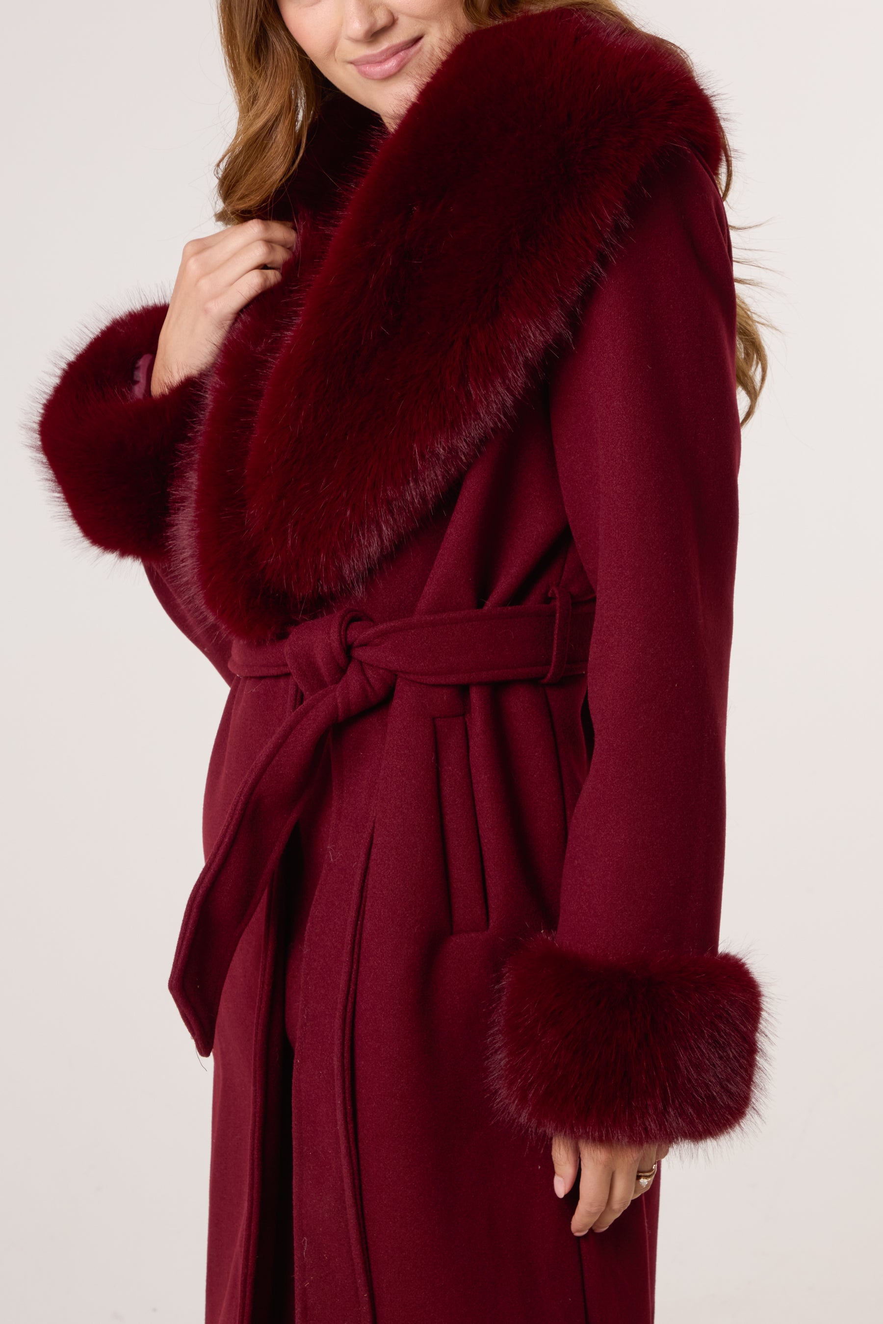 Faux Fur Collar Belted Coat