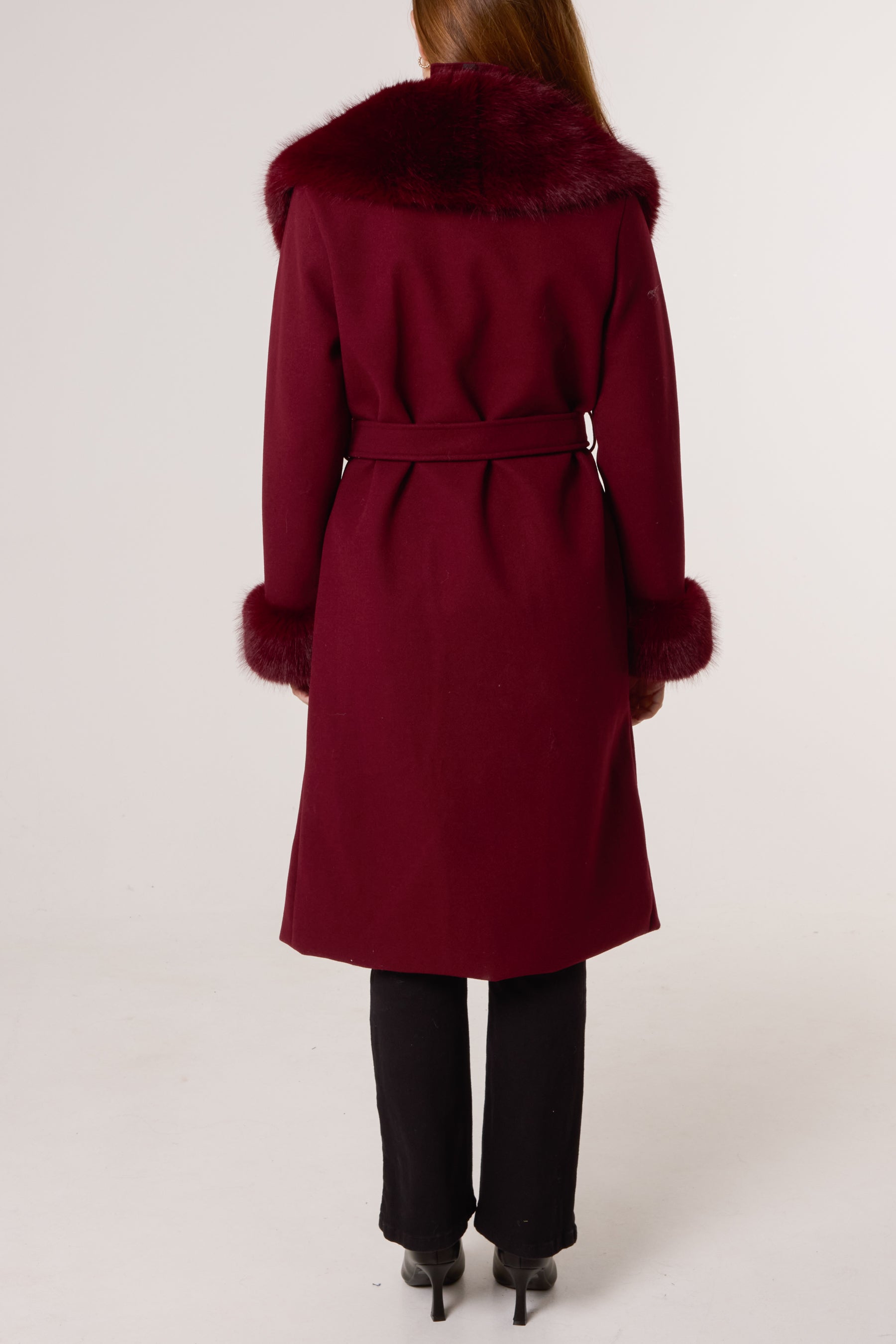 Faux Fur Collar Belted Coat