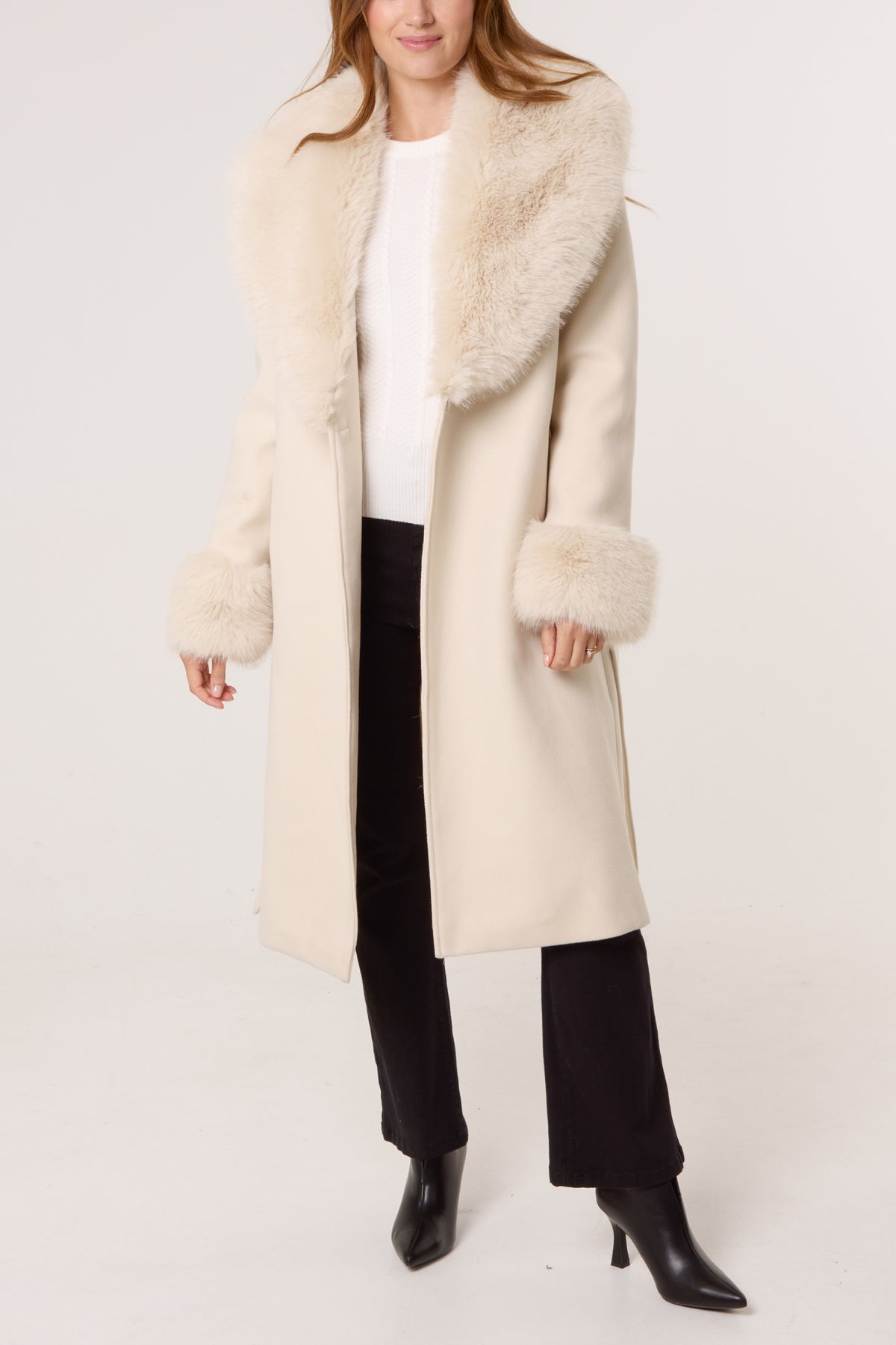 Faux Fur Collar Belted Coat