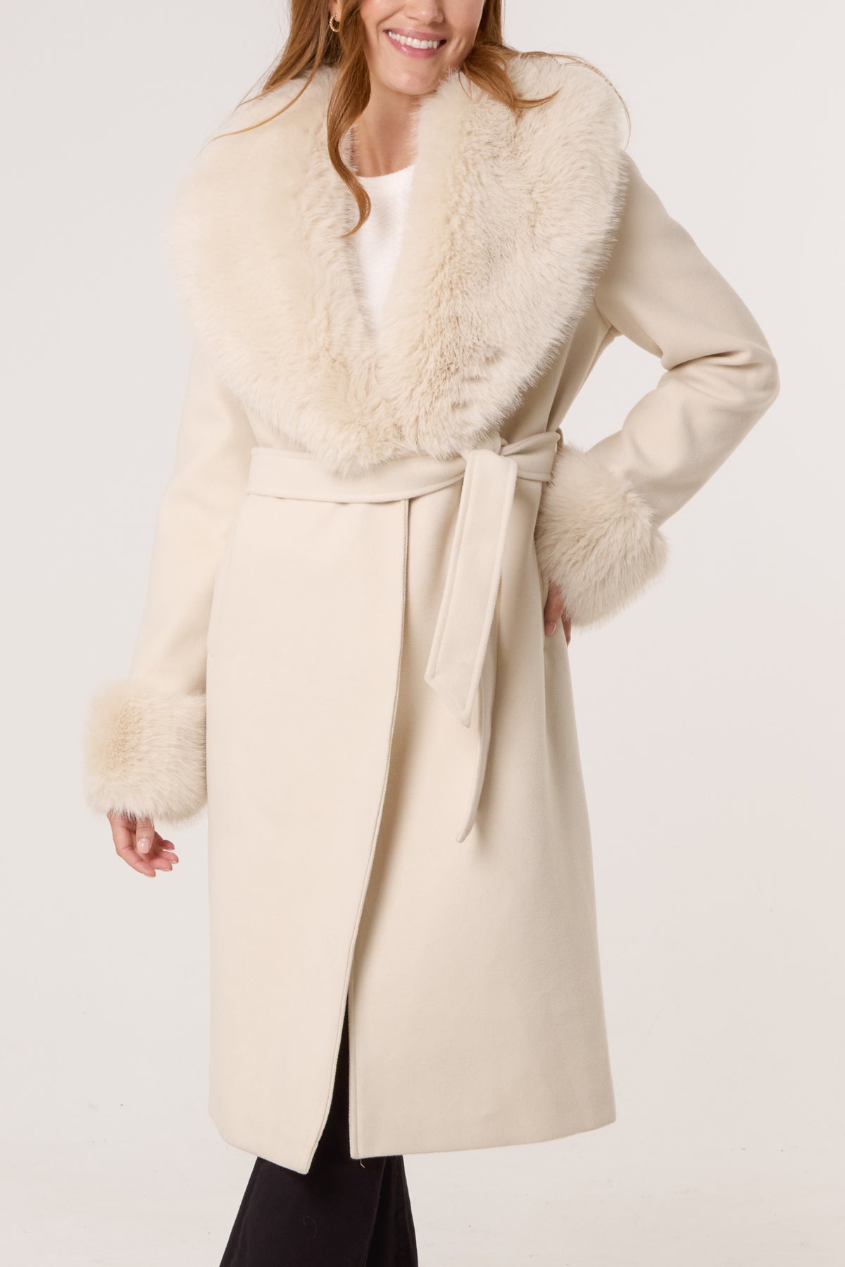 Faux Fur Collar Belted Coat
