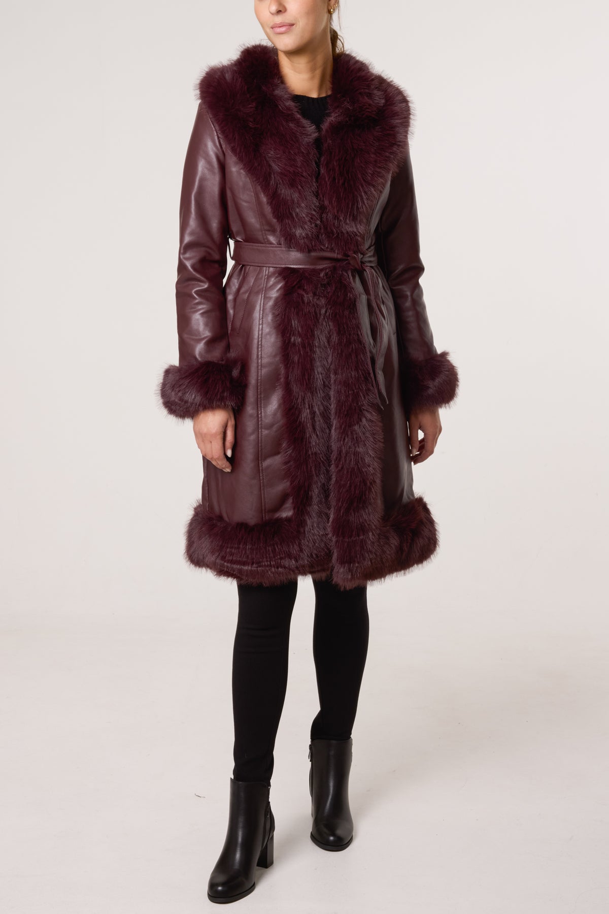 Faux Fur Trim PU Leather Long Coat