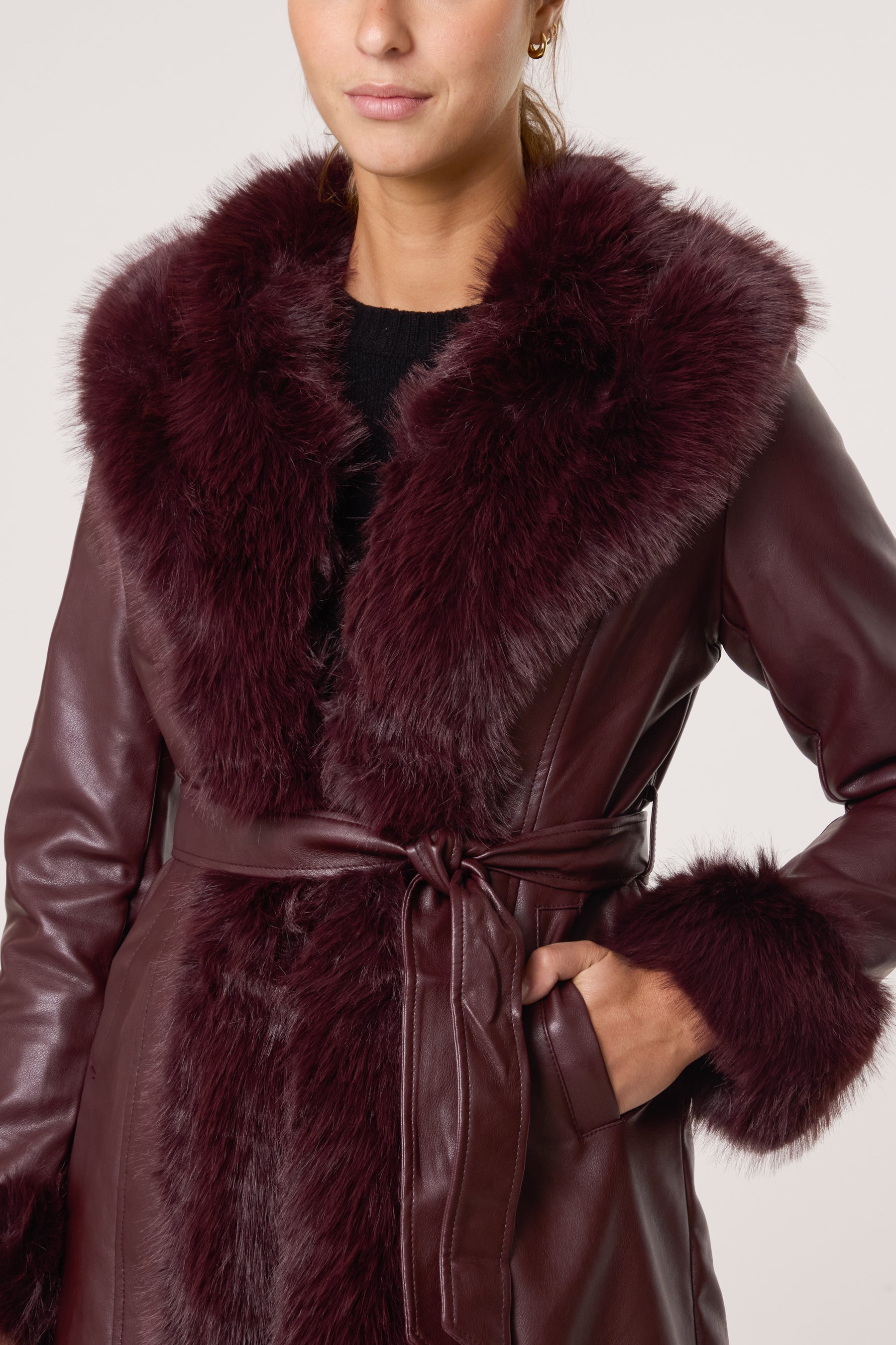 Faux Fur Trim PU Leather Long Coat