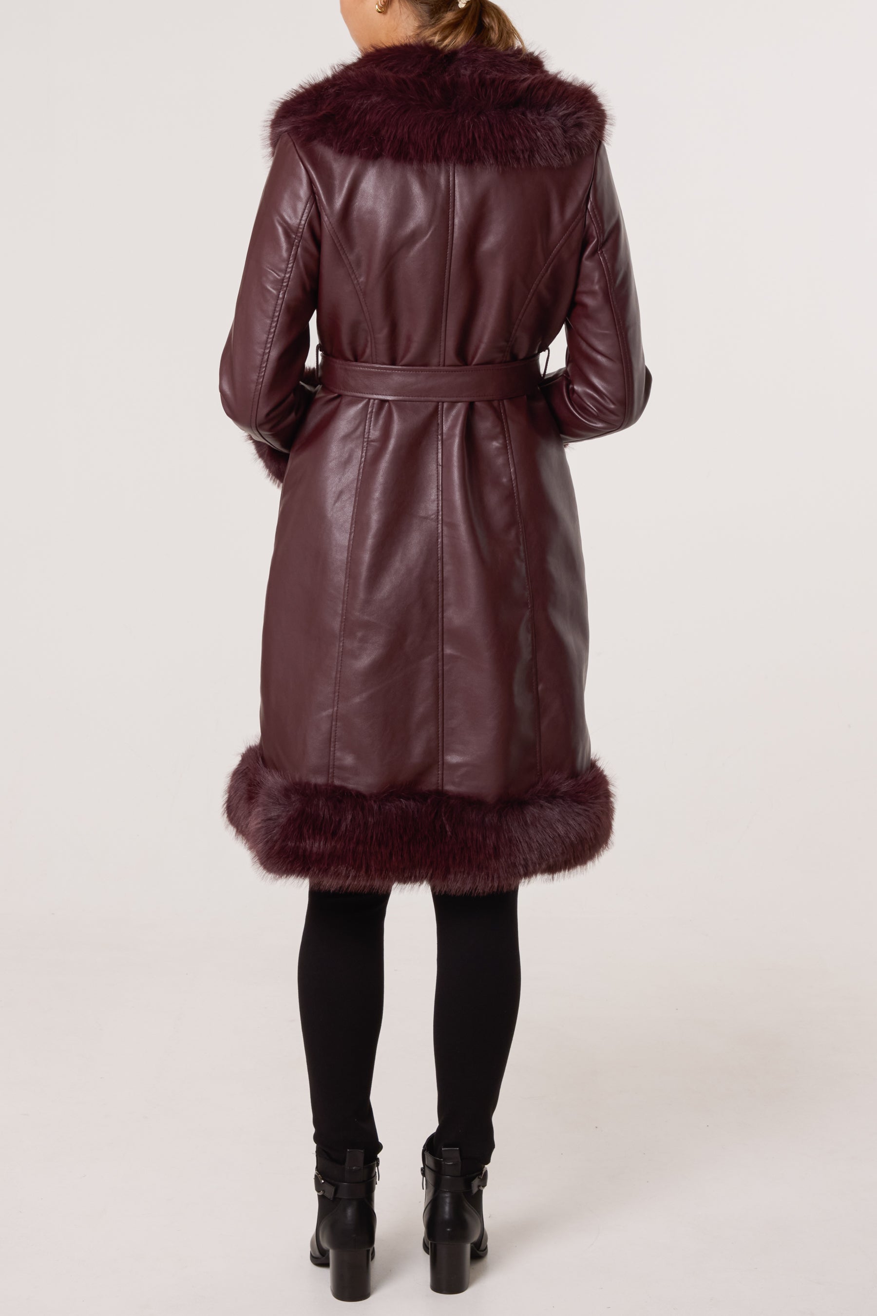 Faux Fur Trim PU Leather Long Coat