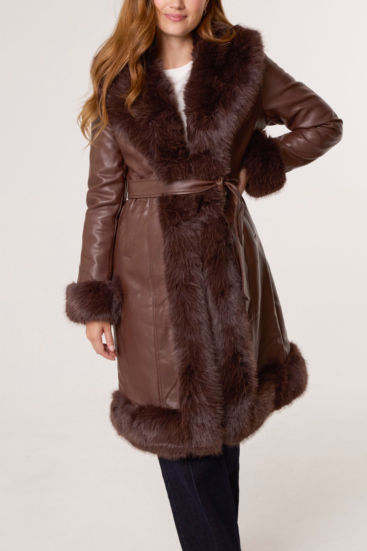 Faux Fur Trim PU Leather Long Coat