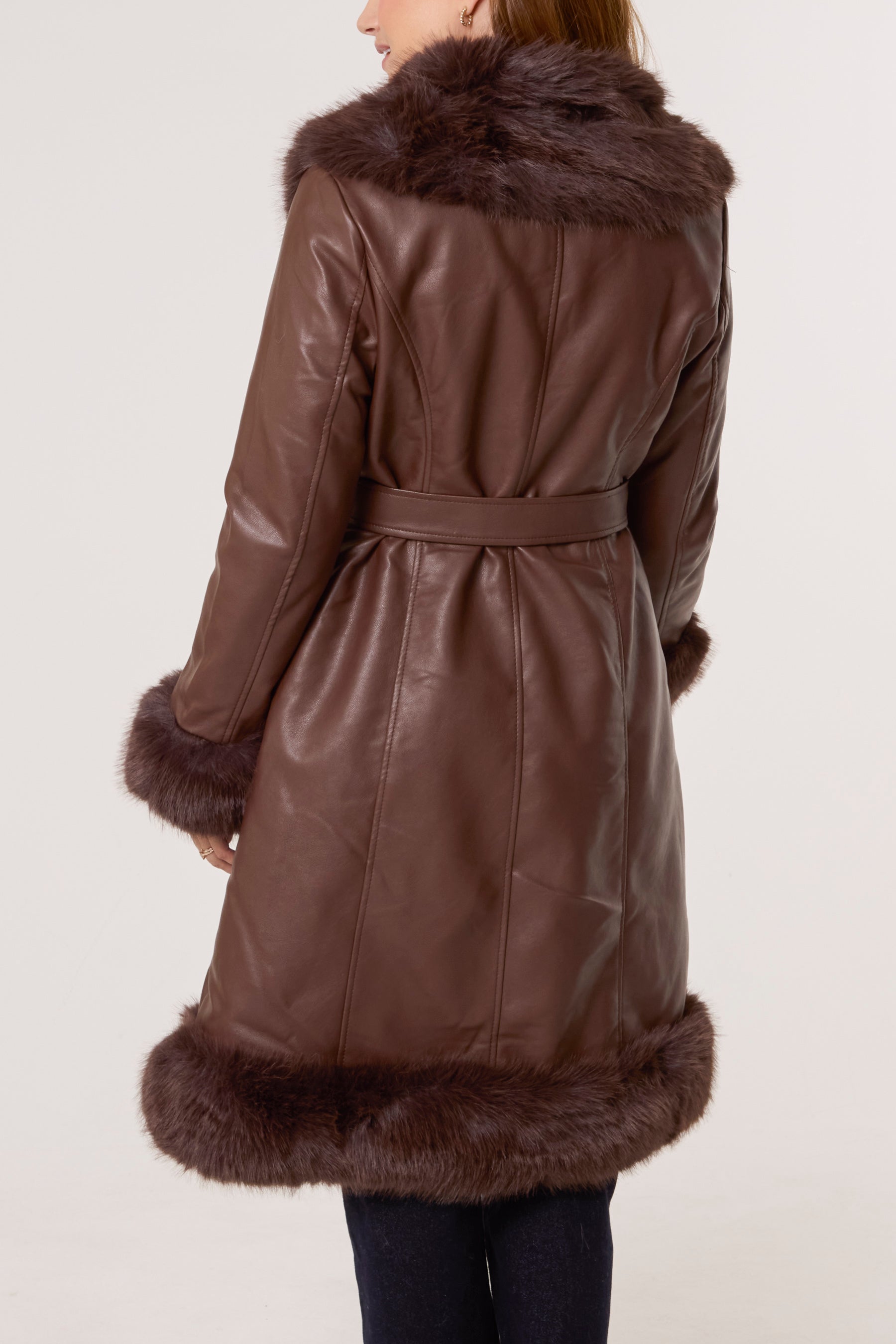 Faux Fur Trim PU Leather Long Coat