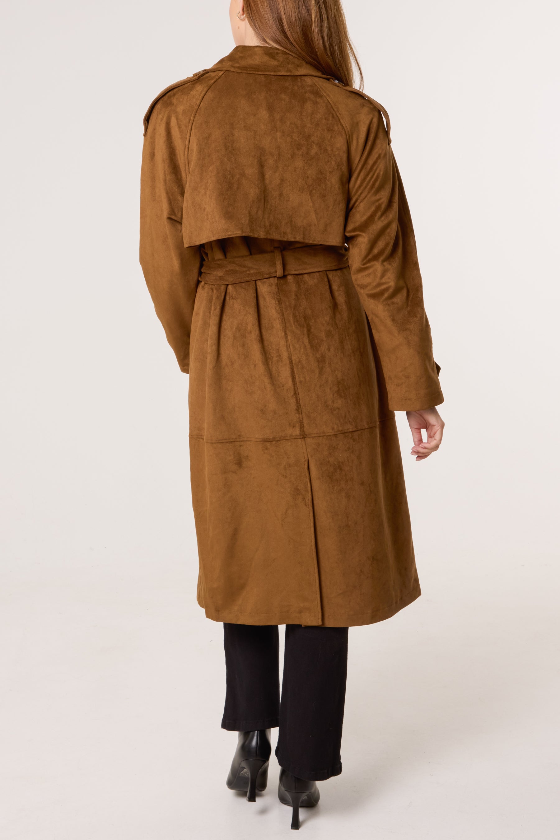 Faux Suede Belted Trench Coat