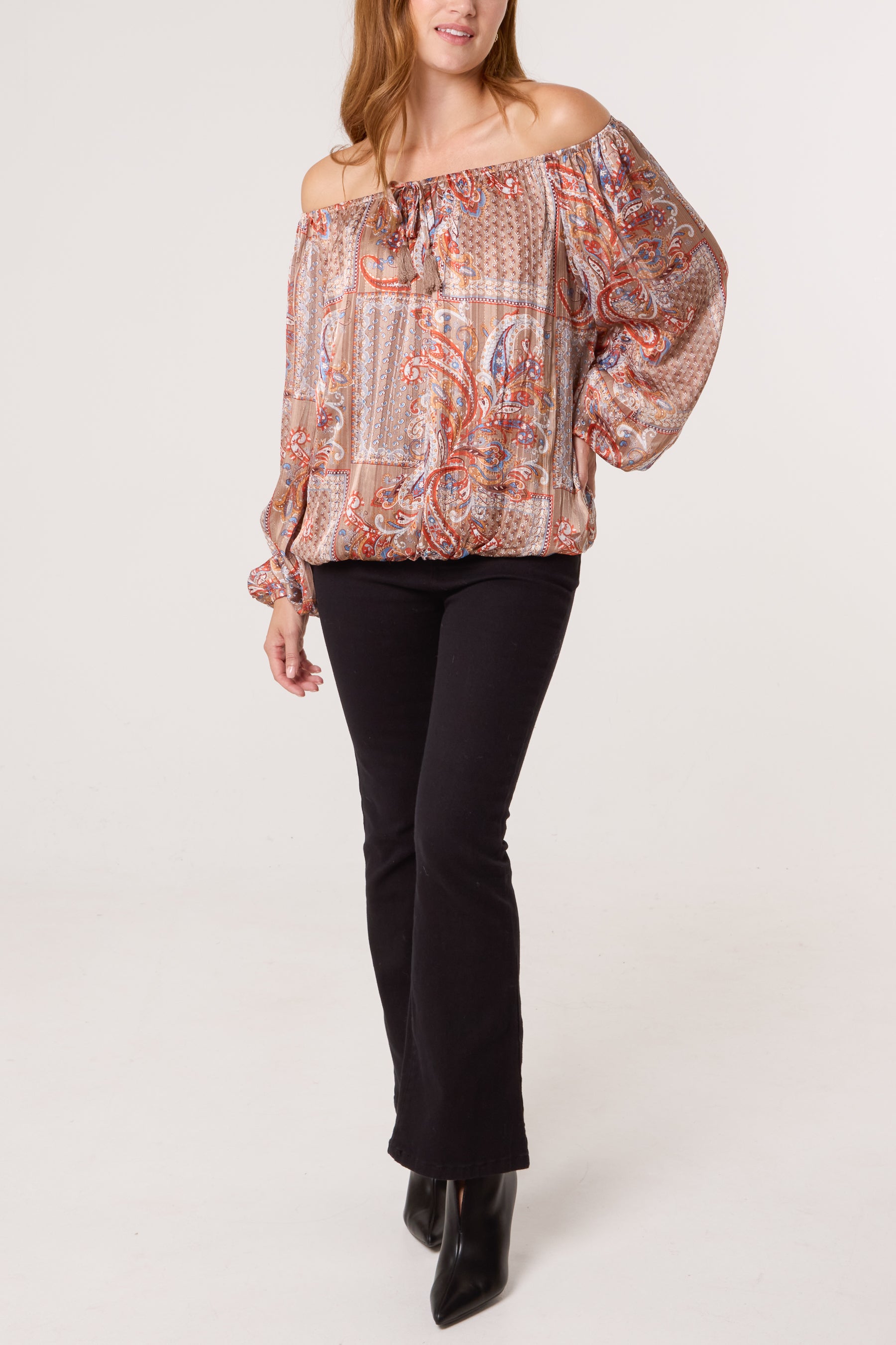 Paisley Print Bardot Puffball Blouse