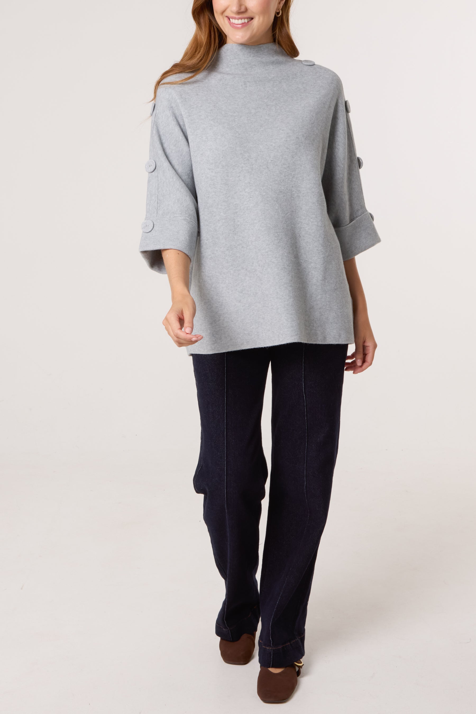 High Neck Fabric Button Sleeves Jumper