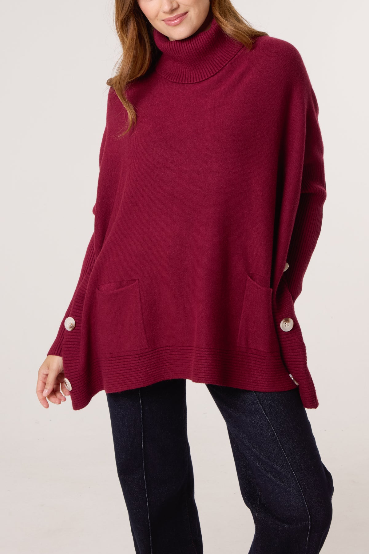 Side Buttons Roll Neck Knit Jumper