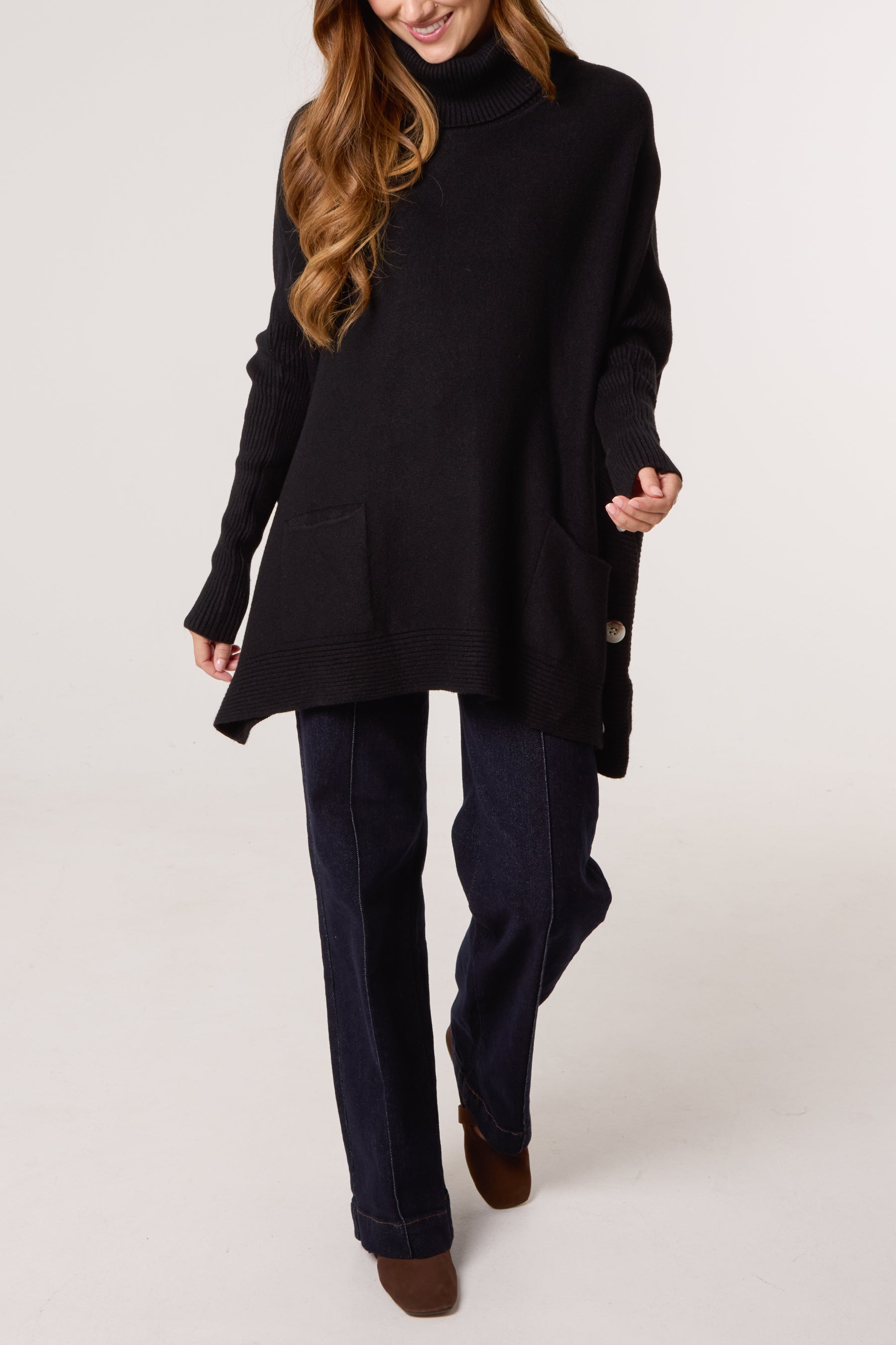 Side Buttons Roll Neck Knit Jumper
