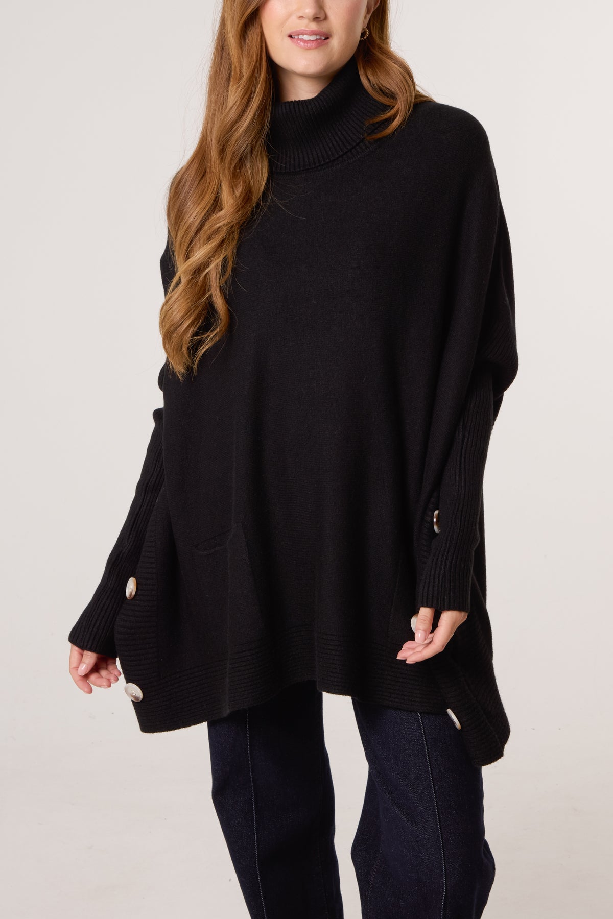Side Buttons Roll Neck Knit Jumper
