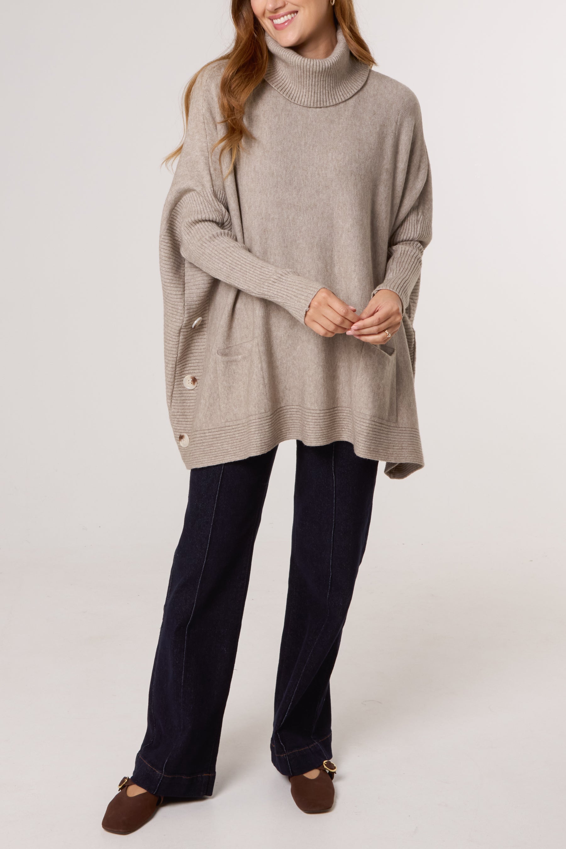 Side Buttons Roll Neck Knit Jumper