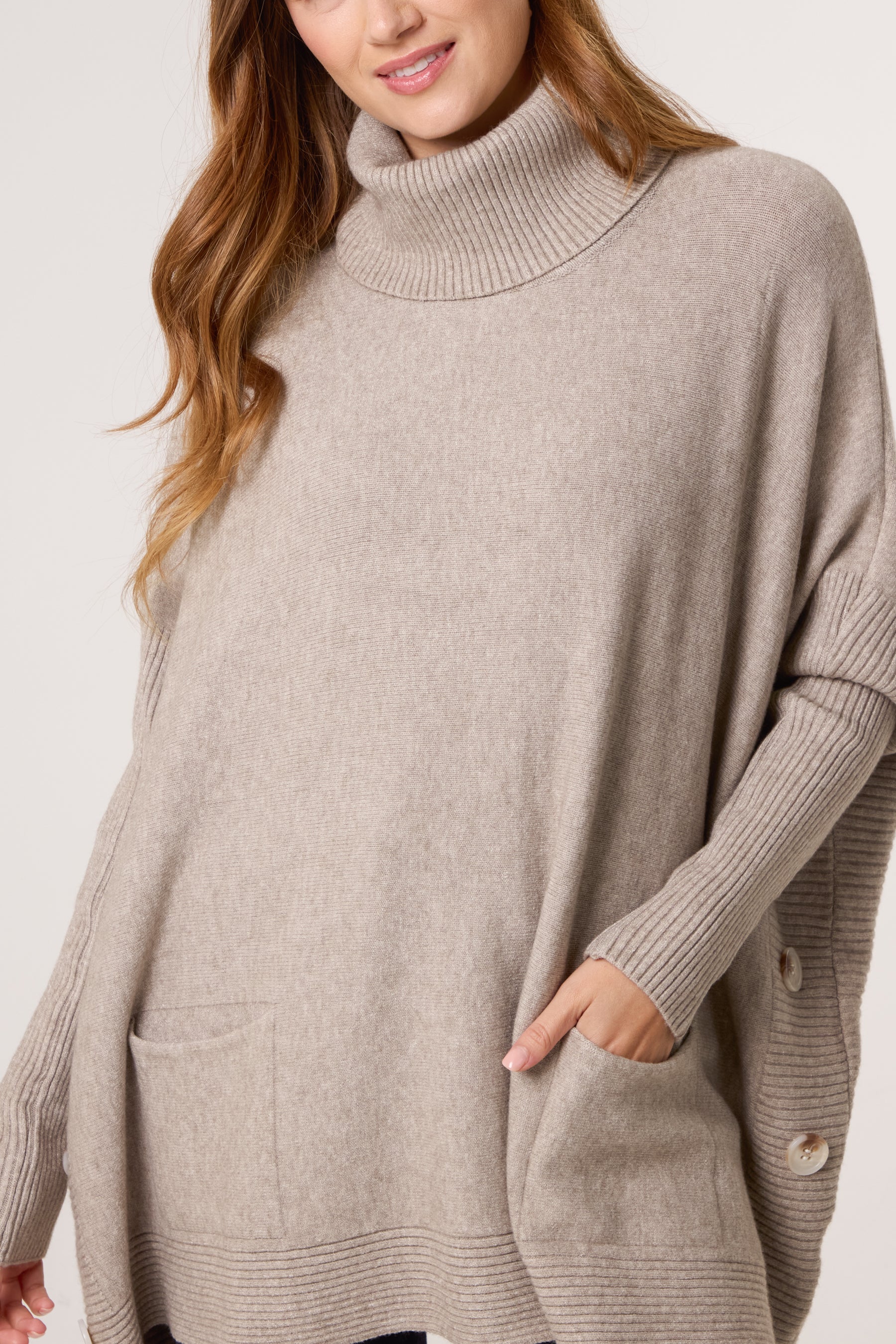 Side Buttons Roll Neck Knit Jumper