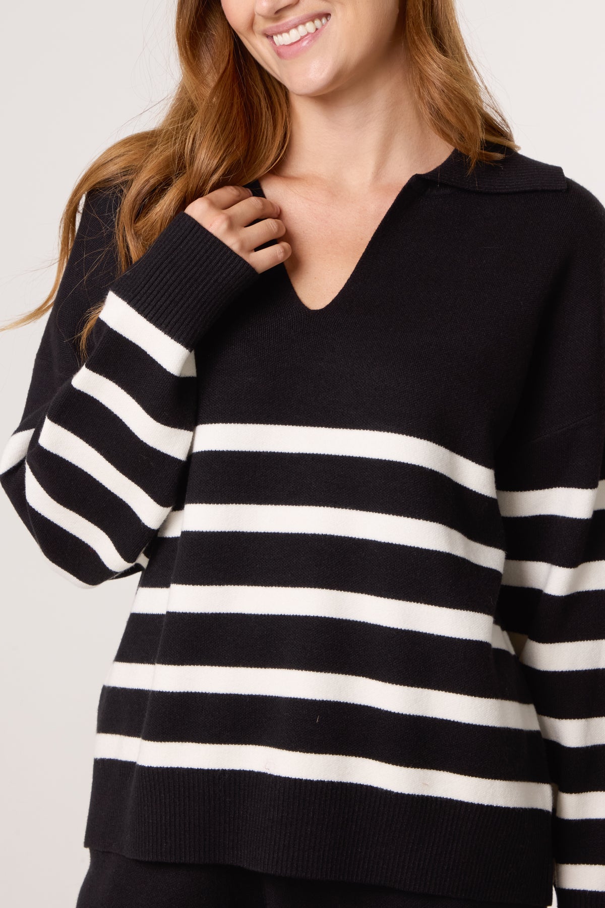 Open Collar Striped Jumper & Trouser Knitted Set