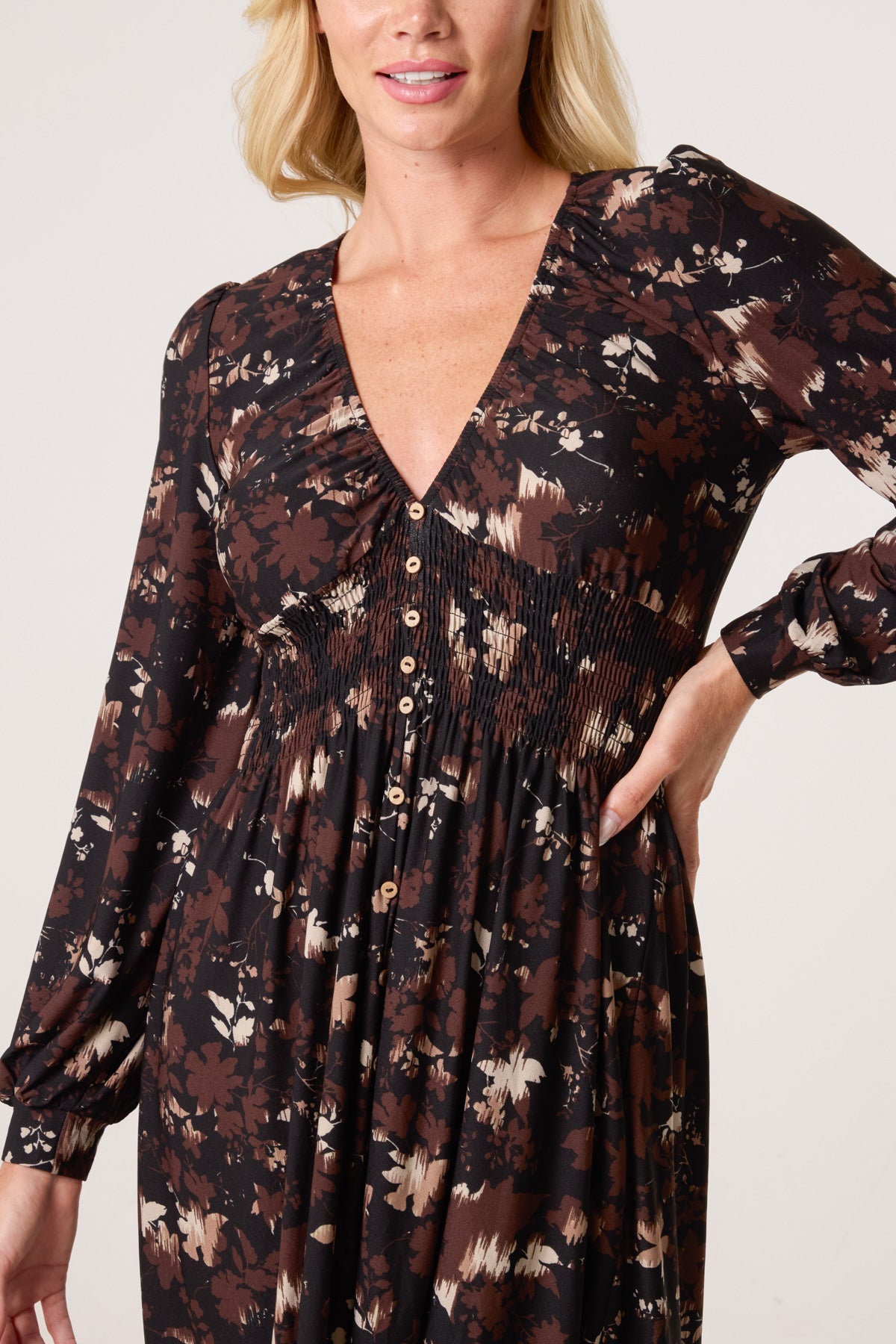Autumnal Leaf Print Button Front Stretch Dress