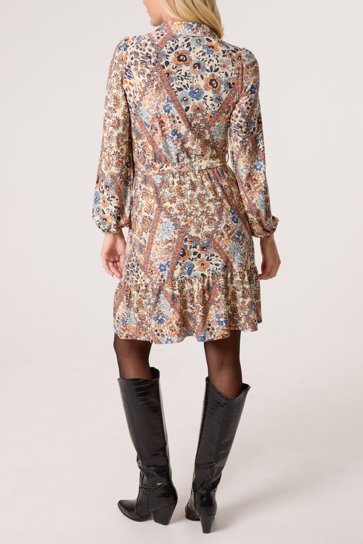 Mix Print Belted Mini Shirt Dress
