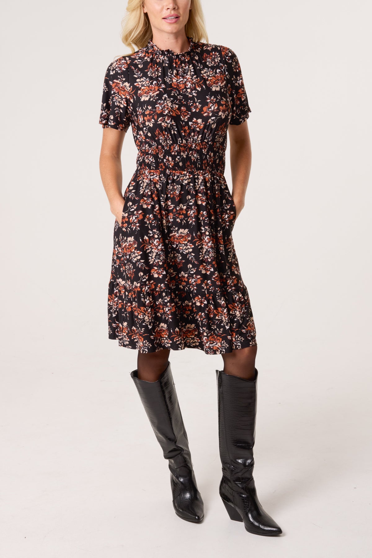 Floral Ruffle High Neck Stretch Dress