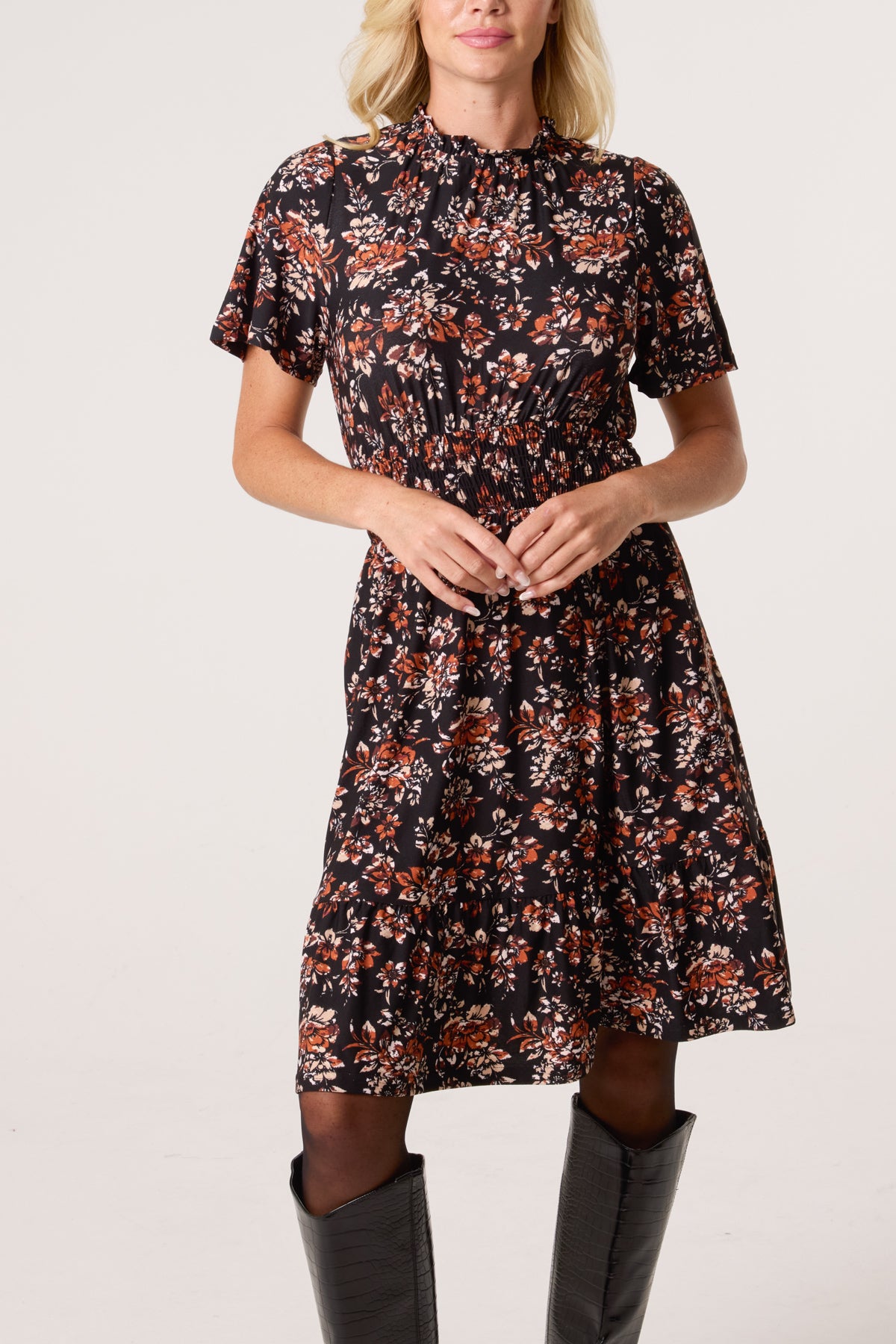 Floral Ruffle High Neck Stretch Dress