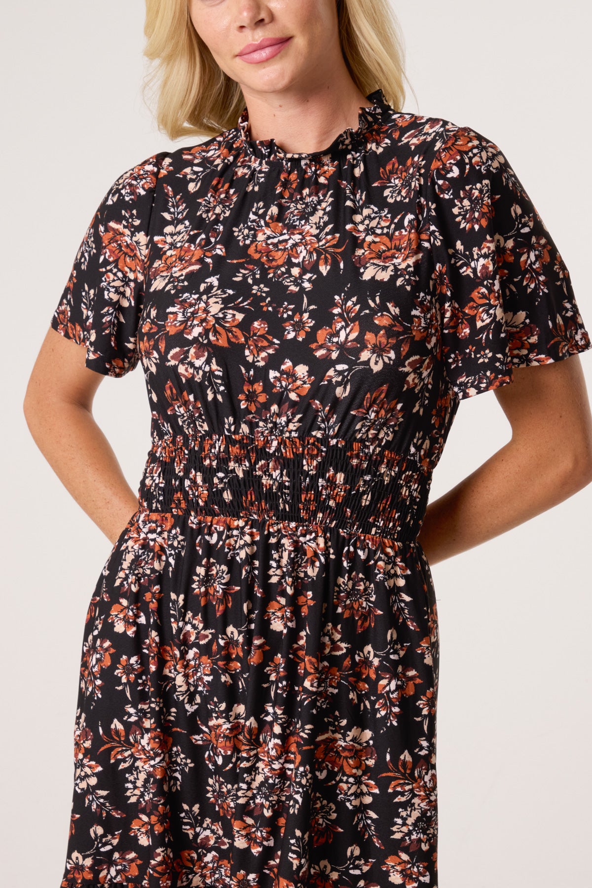 Floral Ruffle High Neck Stretch Dress