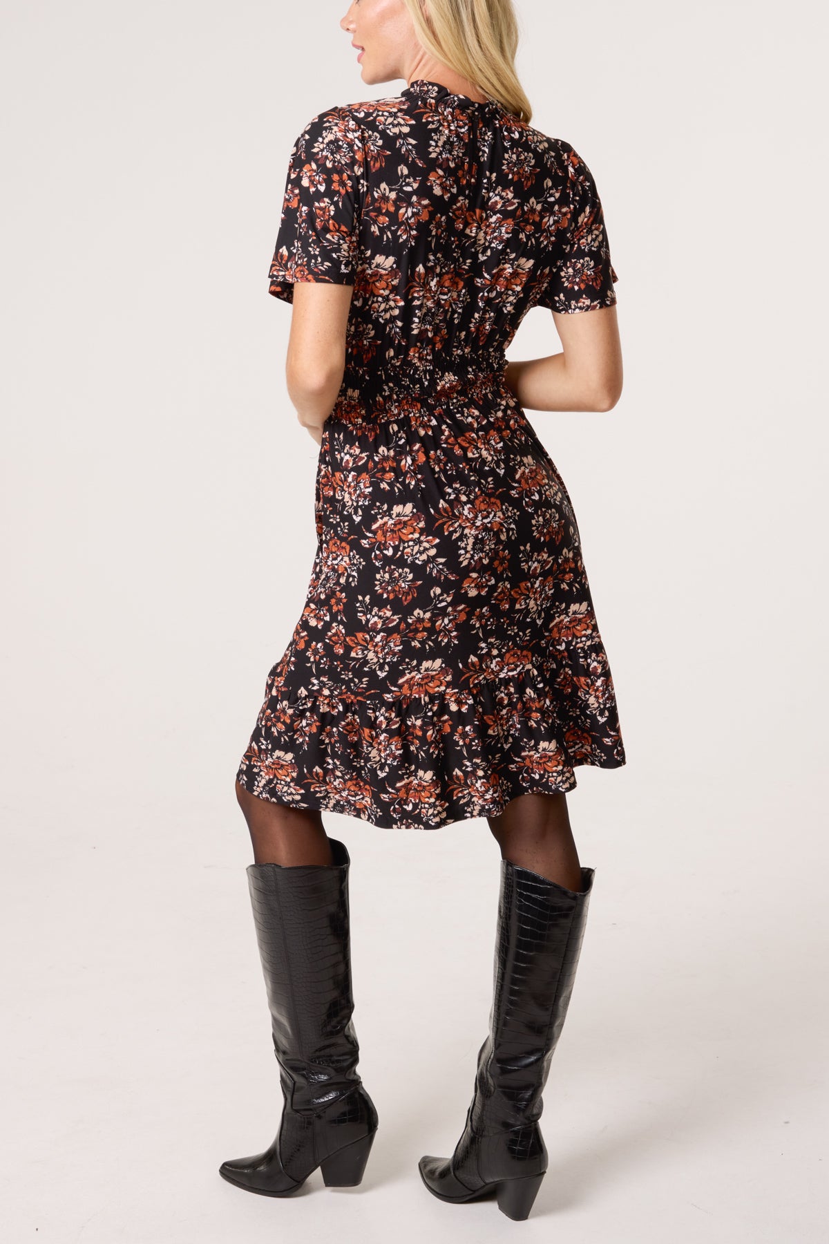 Floral Ruffle High Neck Stretch Dress