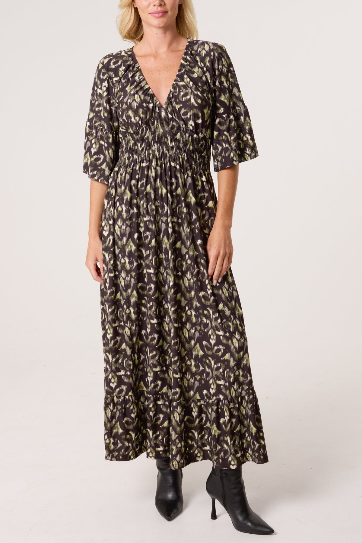 Abstract Animal Print Shirred Stretch Dress