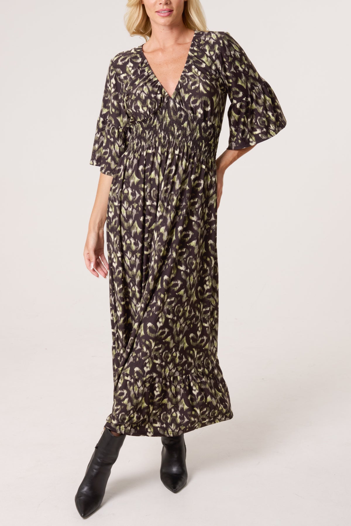 Abstract Animal Print Shirred Stretch Dress