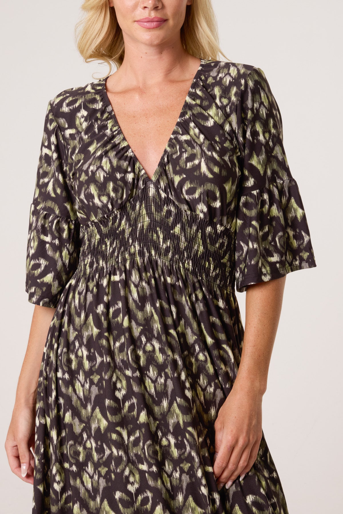 Abstract Animal Print Shirred Stretch Dress