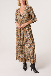 Boho Paisley Print V-Neck Stretch Dress