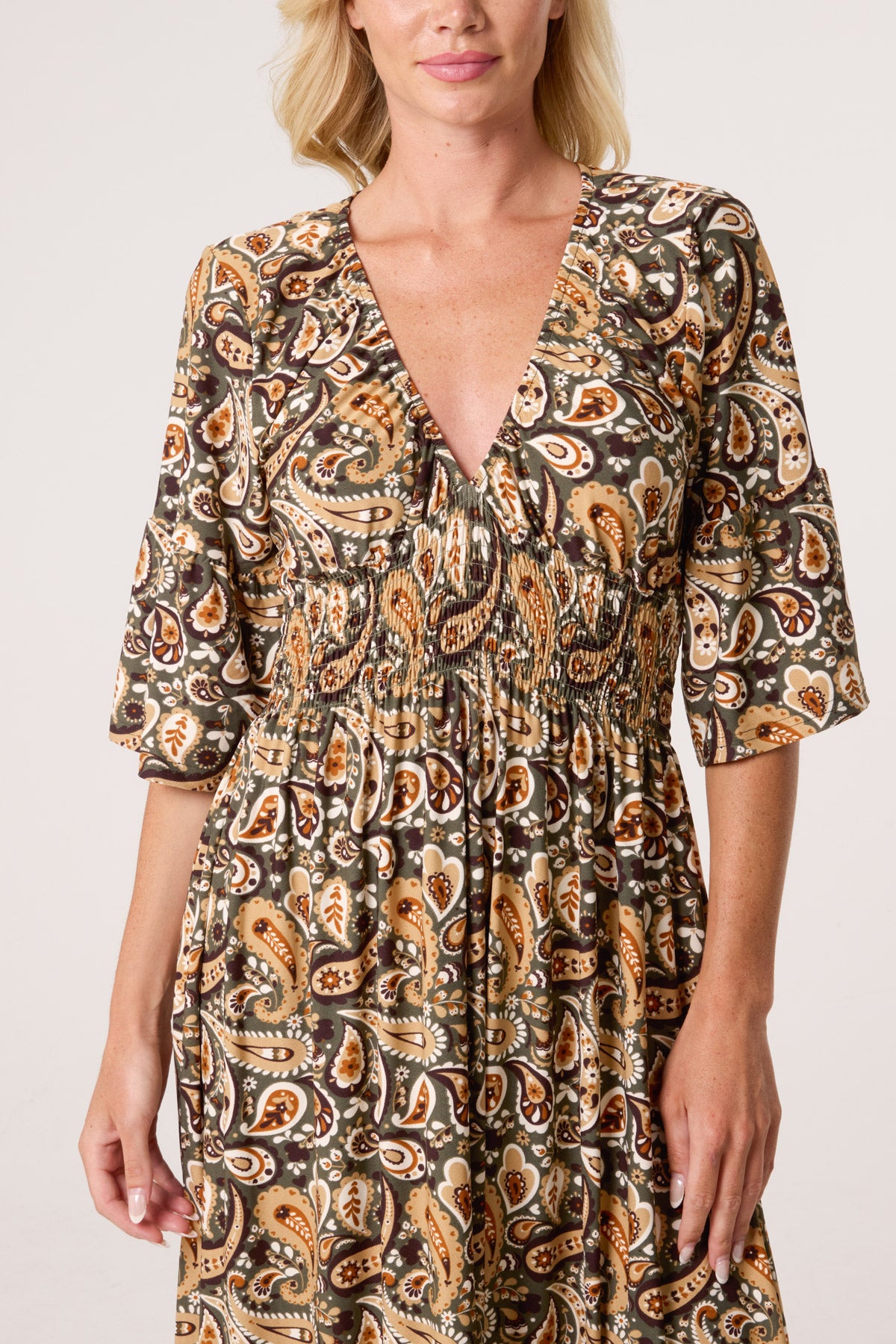 Boho Paisley Print V-Neck Stretch Dress